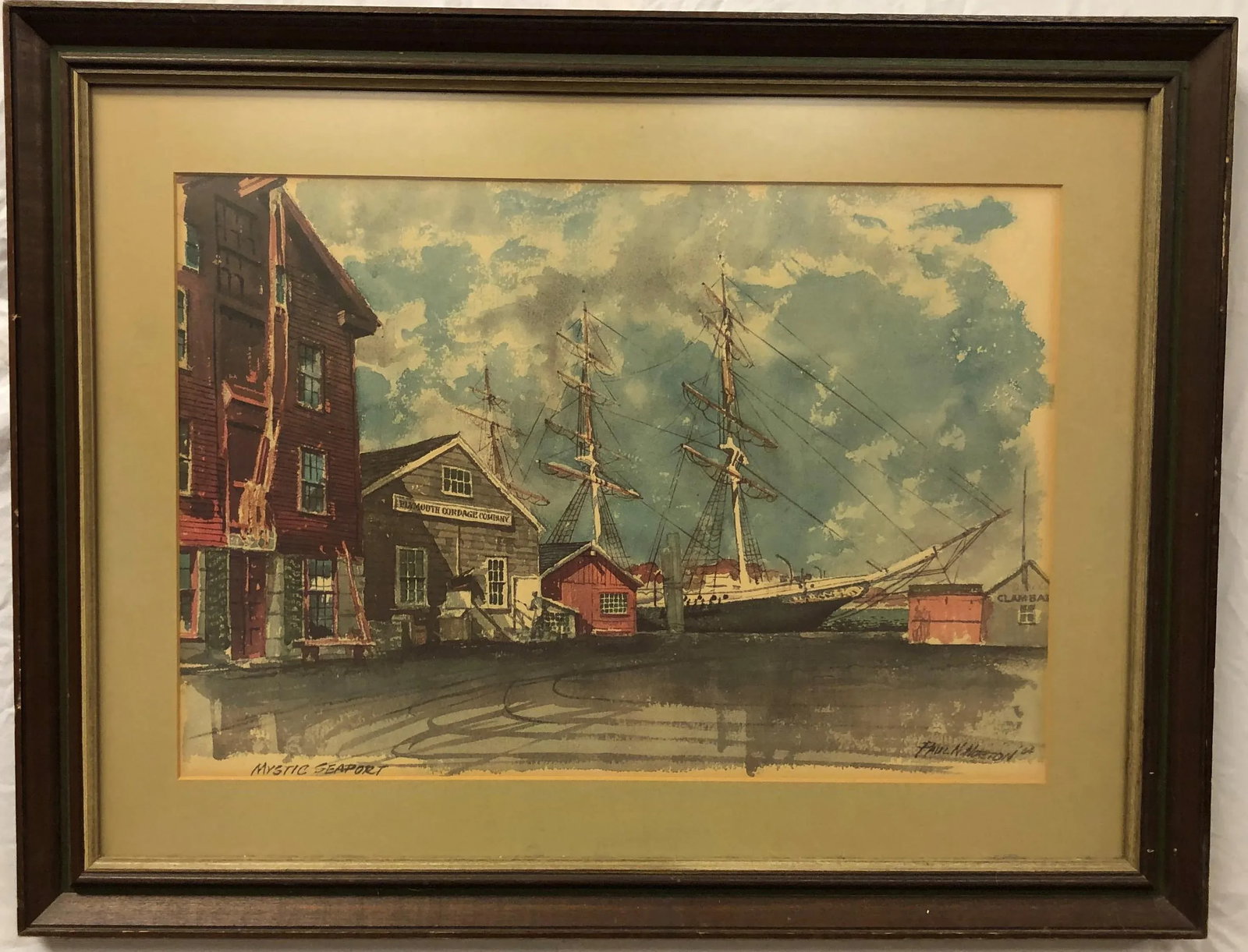 Late 19th Century Mystic Seaport Print of Watercolor Painting Signed on the Bottom, Framed - 3