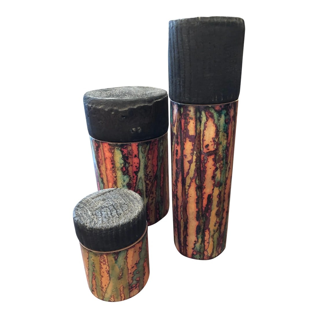 Artisan Hand Made Copper Glazed Cannisters Vessels -Set of 3: A striking artisan made set of 3 cylindrical copper canisters having gorgeous shiny abstract glazing with marvelous irridescent oranges, greens, and purple. The chunky tops contrast with the sleek