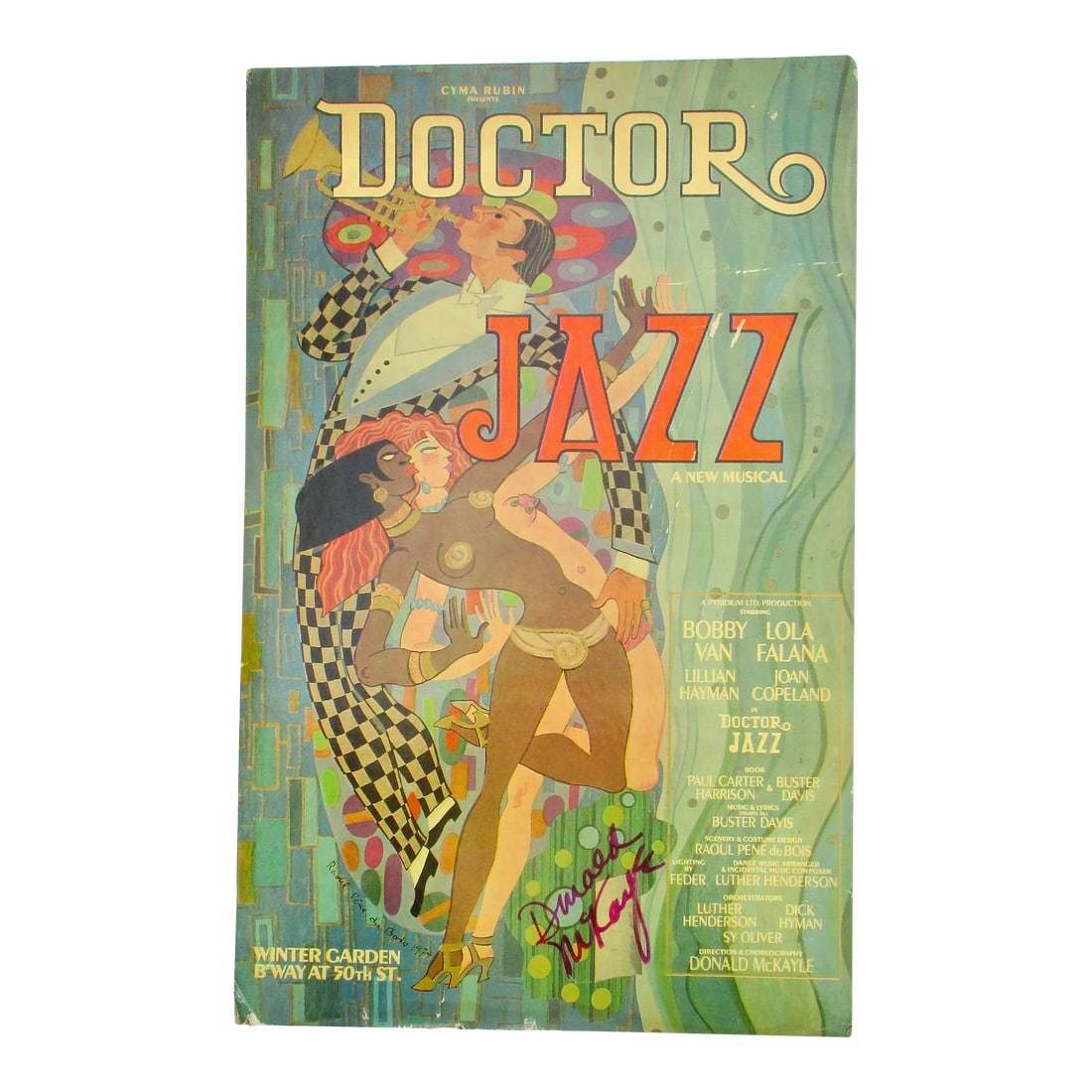 Original Poster Doctor Jazz Broadway Musical 1975 Rare Art: Doctor Jazz 1975 POster by Designer: Raoul Pene du Bois. A clever 70s poster involving a modern take on Art Deco and Mid-century design. High-style art of the period. Signed by director/