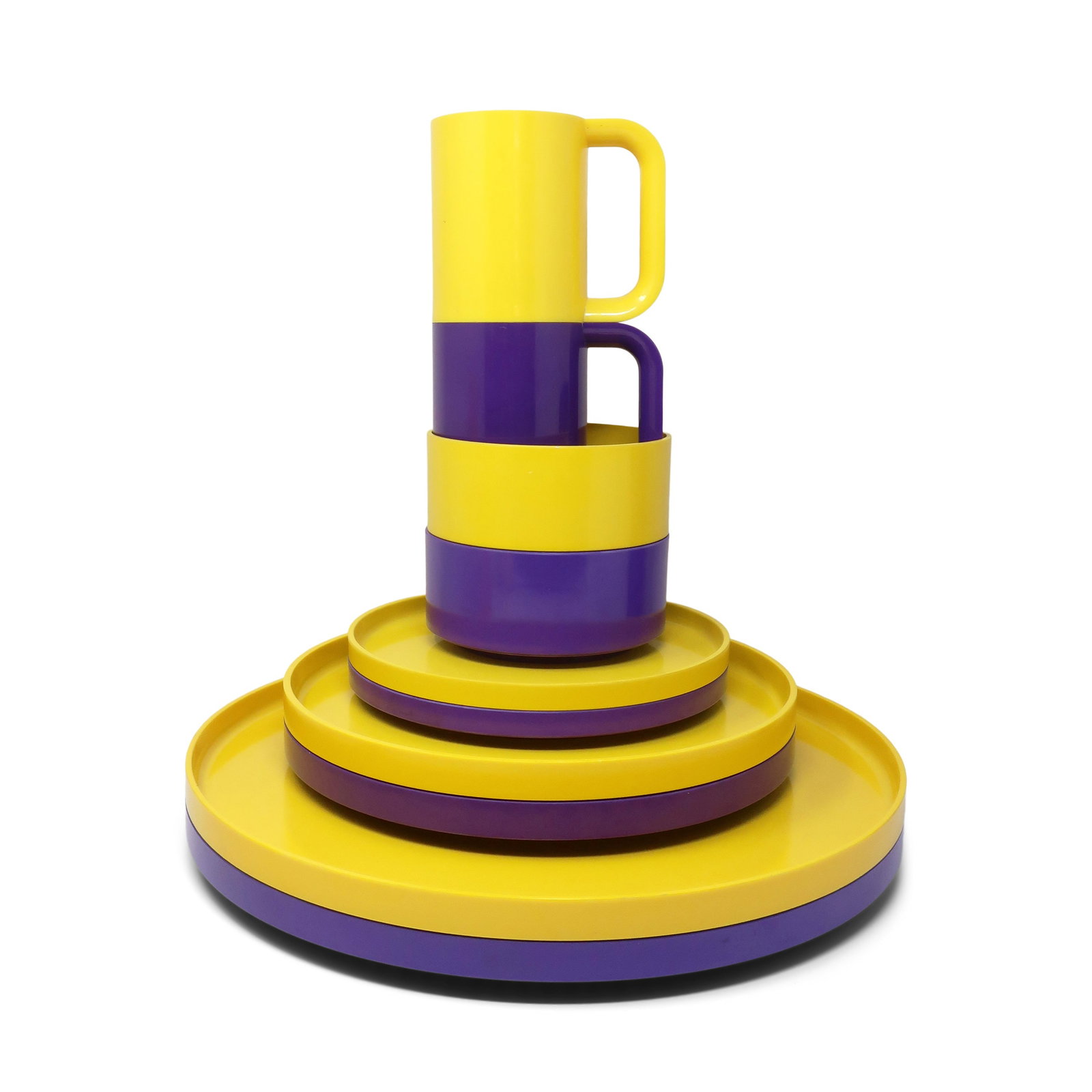 Purple and Yellow Dinnerware by Vignelli for Heller - Service for 6: Winner of the prestigious Compasso d'Oro award for Good Design in 1964, Massimo Vignelli's iconic dinnerware for Heller (likely designed with his equally talented wife Lella) has been in near constant