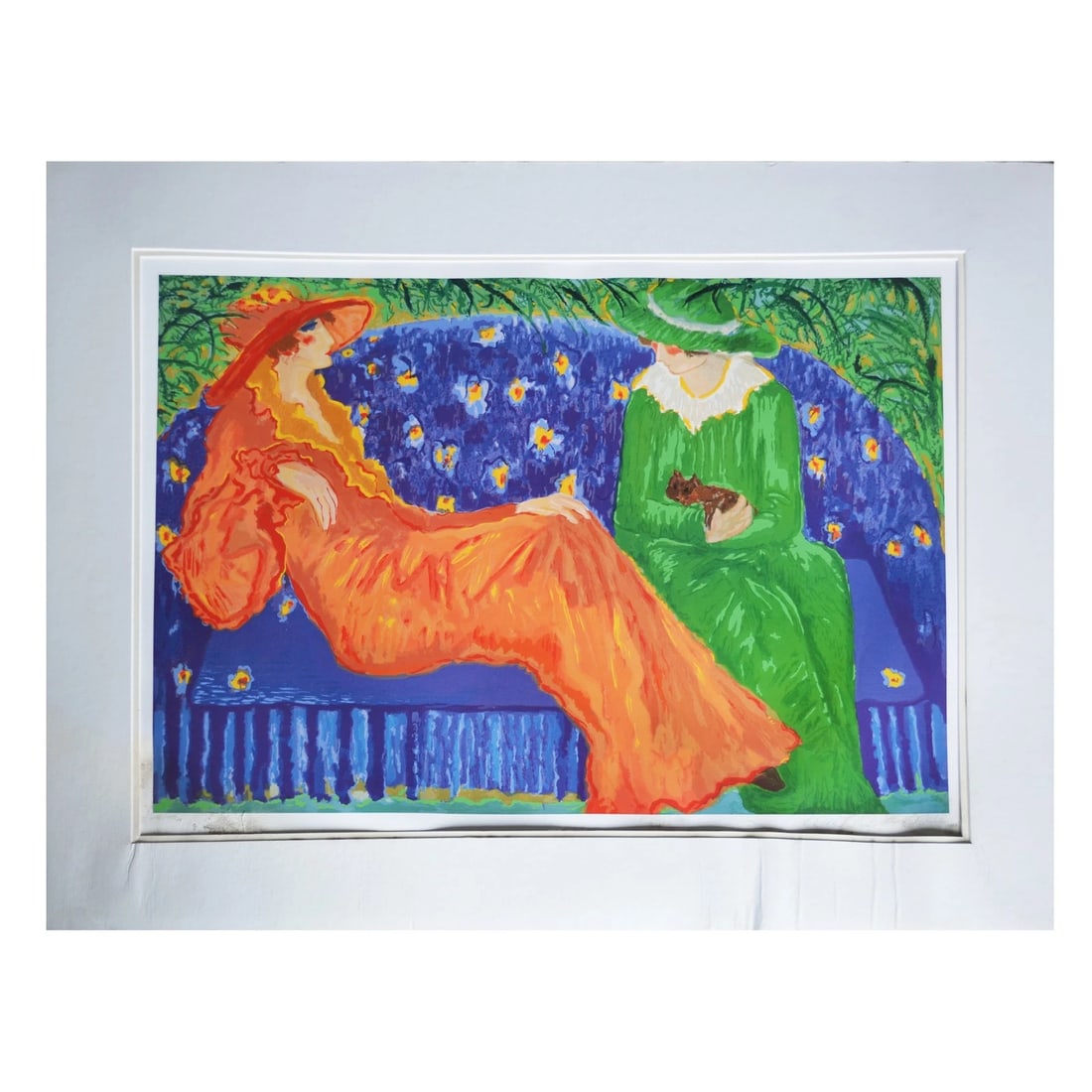 Limited Edition "Orange Dress" Seriolithograph by Barbara Wood: Orange Dress is a limited edition seriolithograph, hand signed in pencil and numbered 690/950 by the artist. The print depicts a woman in a flowing orange dress reclining on a blue surface adorned