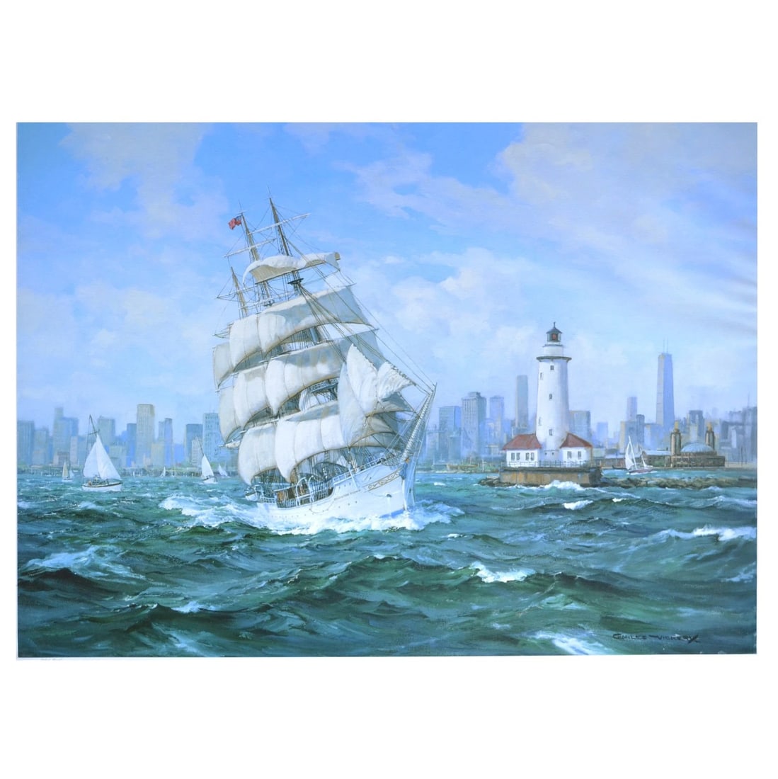 Farewell Chicago "The Christian Radich Heads for Home" by Charles Vickery: Signed limited edition offset lithograph by Illinois marine painter Charles Vickery (1913-1998), marked AP as an artist proof. The image depicts the Norwegian full-rigged tall ship Christian Radich cu