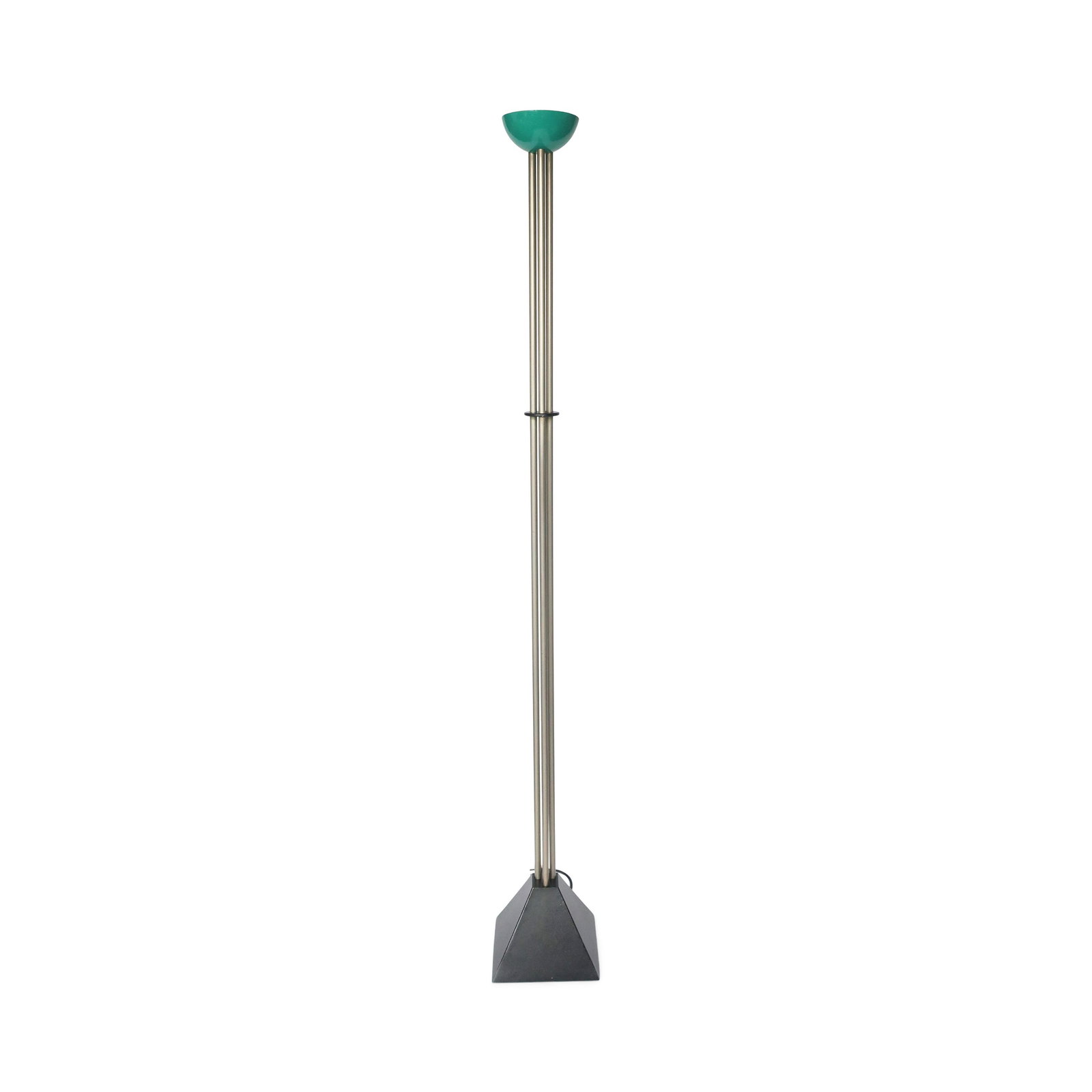 Postmodern Torchiere Floor Lamp by Ron Rezek: A 1980s postmodern and minimalist black, gray, and green torchiere floor lamp designed by Ron Rezek, the West Coast American lighting kingpin known for his many iconic designs produced by his eponymou