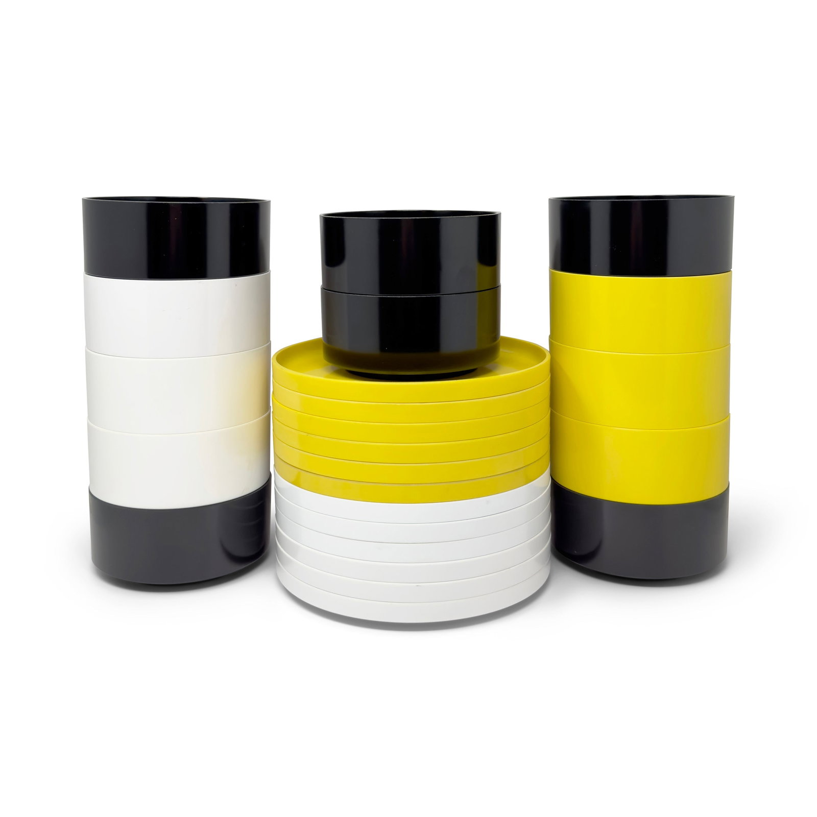 Black, White and Yellow Massimo Vignelli for Heller Dishes - Set of 24: Winner of the prestigious Compasso d'Oro award for Good Design in 1964, Massimo Vignelli's iconic dinnerware for Heller (likely designed with his equally talented wife Lella) has been in near constant