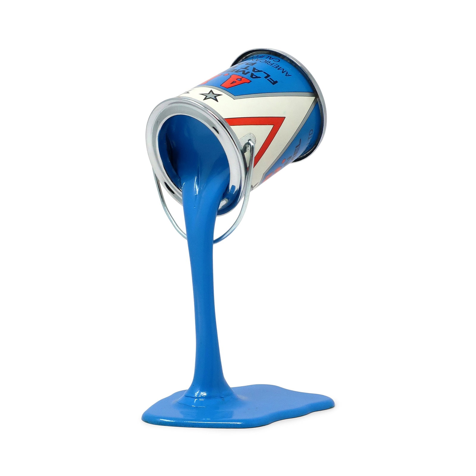 Vintage Blue Pop Art APC Pouring Paint Can Bank: A perfectly Pop Art 1980s pouring paint can piggy bank/sculpture. Metal paint can with a quarter-sized coin slot in its bottom appears to be defying gravity by resting on a pouring stream of paint. So