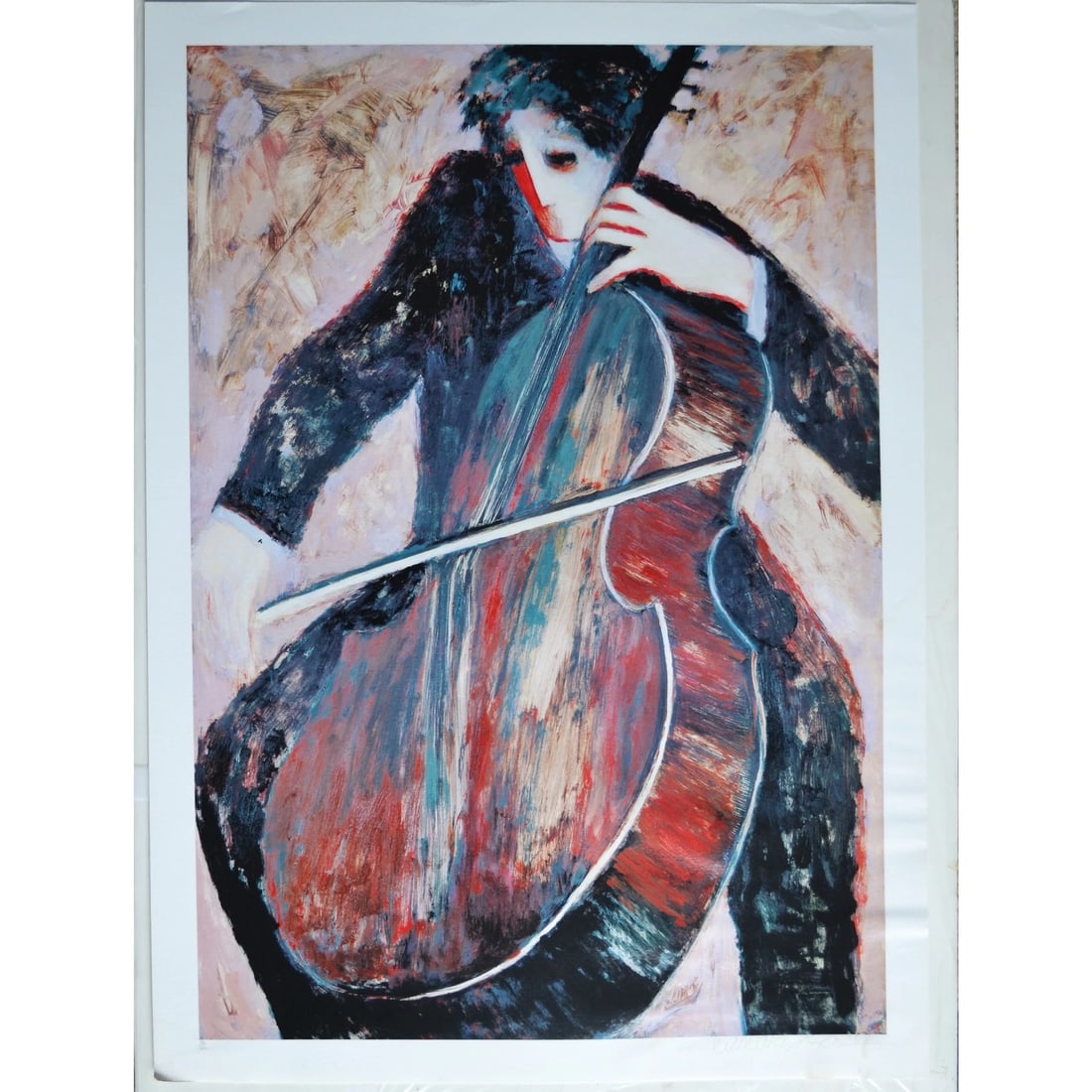 Limited Edition "The Cellist" Seriolithograph by Barbara Wood: The Cellist is a limited edition seriolithograph, hand signed in pencil and numbered 130/1250 by the artist. The print depicts a figure passionately playing a cello, rendered in bold gestural strokes 