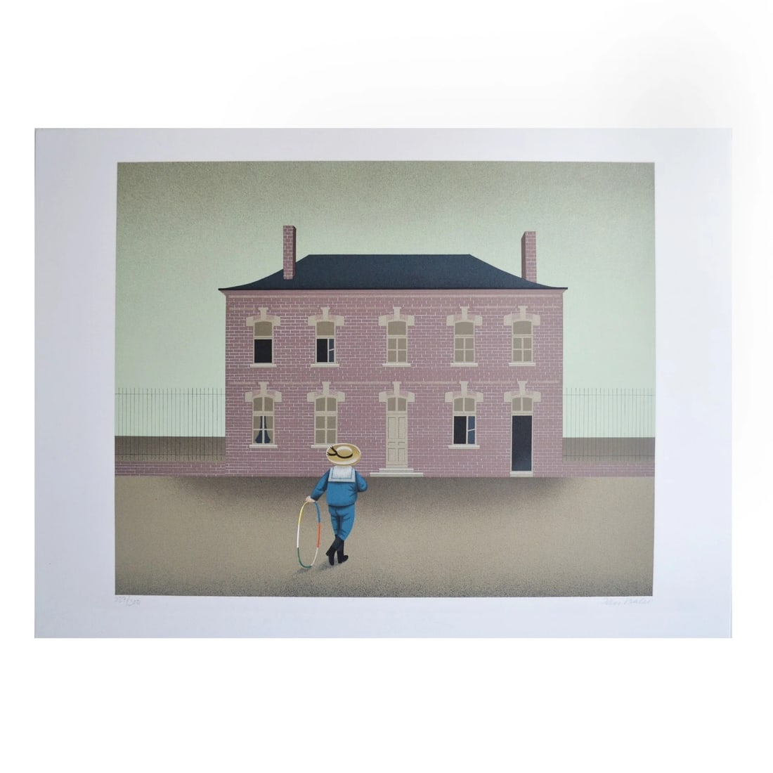 Limited Edition "Childhood Memories" Lithograph by Jan Balet: Childhood Memories is a limited edition lithograph, hand signed in pencil and numbered 227/300 by the artist. The print depicts a solitary child with a hula hoop standing before a brick house,