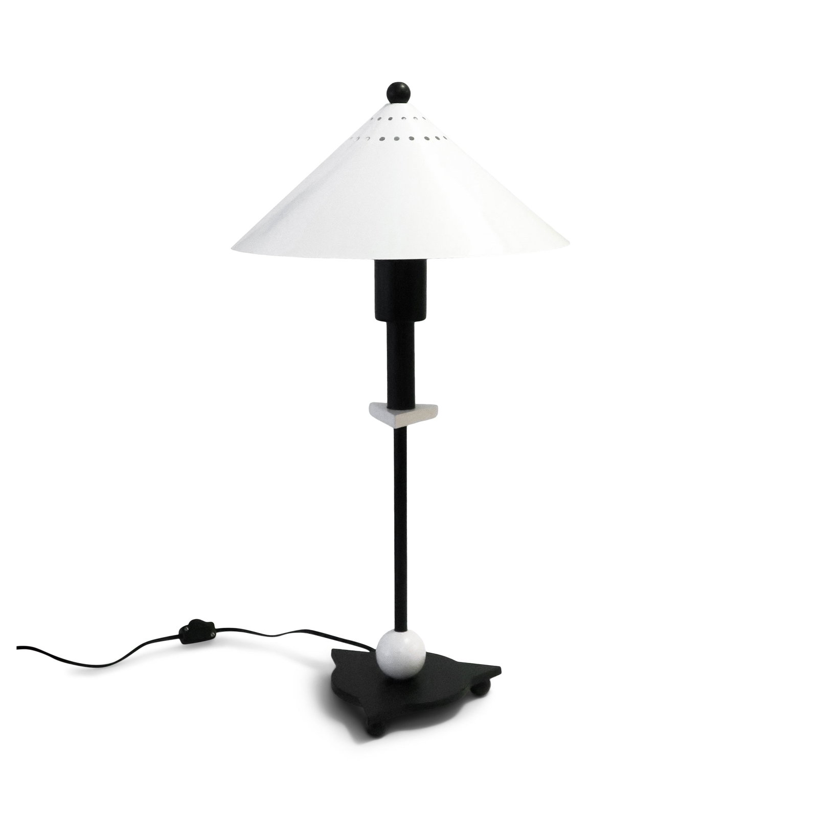 1980s Postmodern Black and White Table Lamp: A stunning 1980s postmodern table lamp by Be Yang in the Memphis Milano style. A black metal base, black stem with white geometric accents, white painted metal conical shade, and matching round black