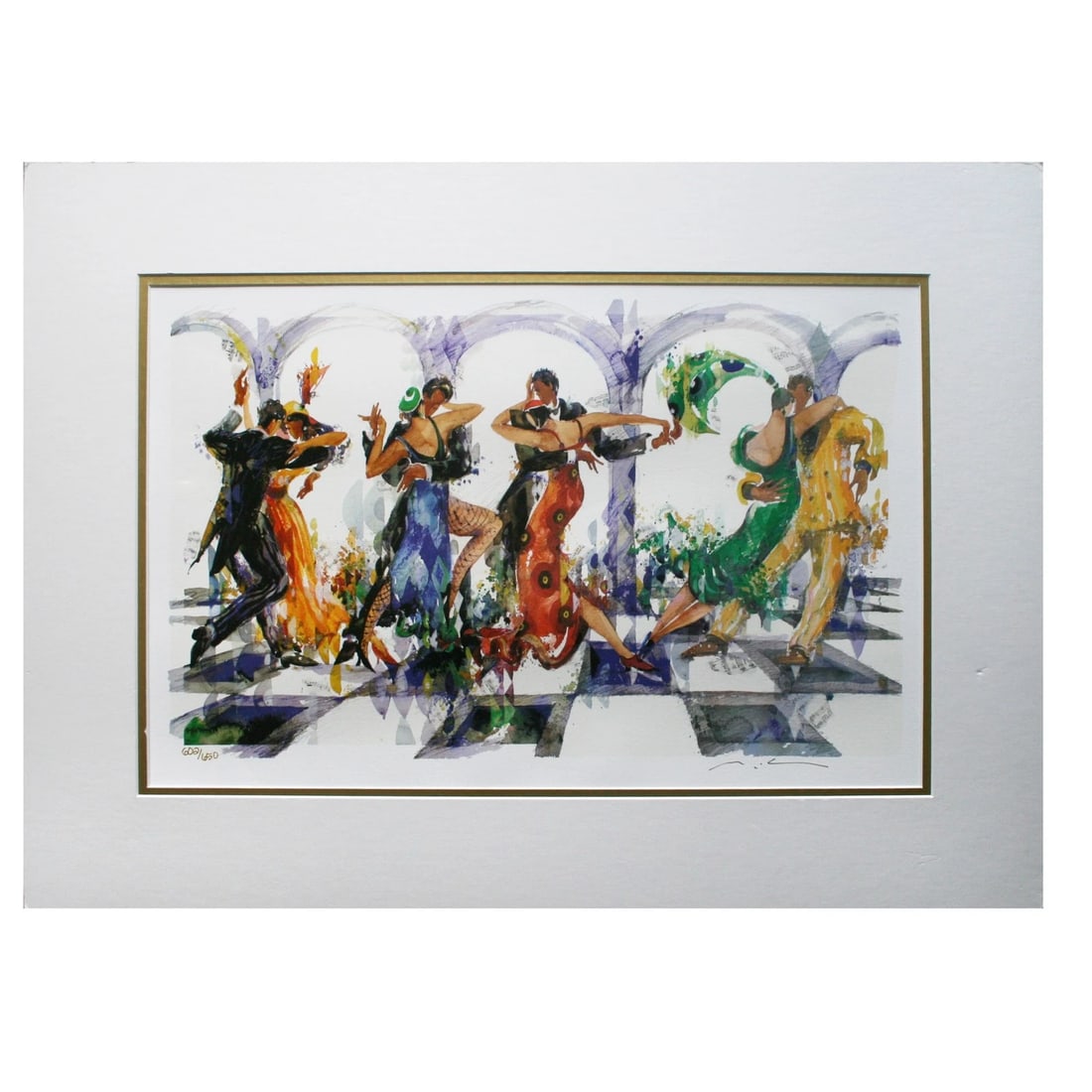 Limited Edition "The Caro-Kann" Seriolithograph by Misha Lenn: The Caro-Kann is a limited edition seriolithograph, hand signed and numbered 602/650 by the artist. The print depicts several figures dancing in an arcaded setting, capturing the passion and movement 