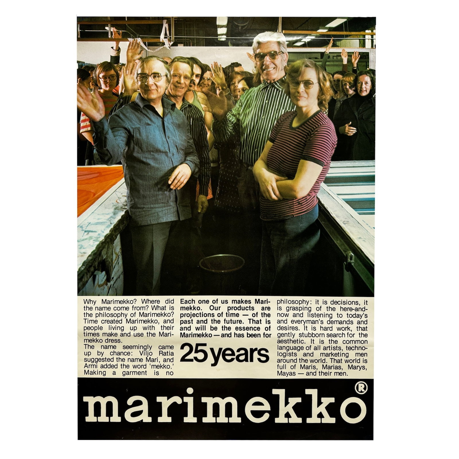 1970s 25th Anniversary Marimekko Poster: As part of Marimekko's ongoing efforts to promote the brand worldwide, this piece is from a line of posters sent to distributors, press, and agents to celebrate the 25th anniversary of Marimekko in