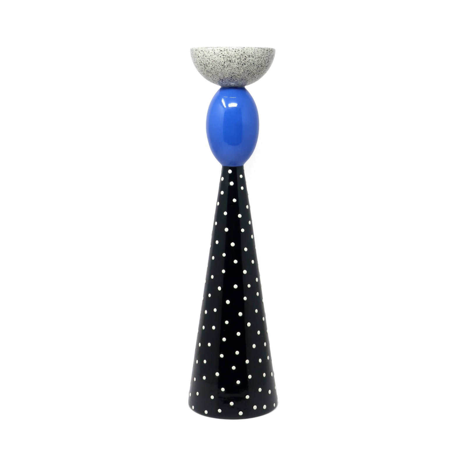 Postmodern Studio Ceramic Tall Candlestick by Michael Duvall: A stunning and unique 1980s Michael Duvall (1950-2004) studio pottery candlestick. This piece features a striking sculptural form, showcasing vibrant colors, patterns and textures, with black and