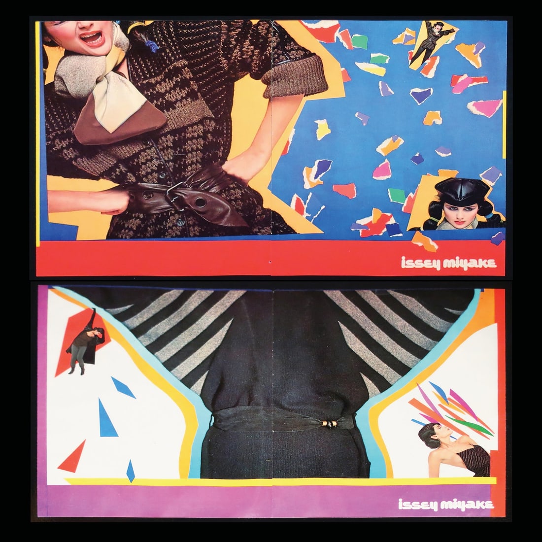 Issey Miyake Magazine Spread by Laurie Rosenwald for Vogue: A double-sided laminated sheet showcasing Laurie Rosenwald's 1980s postmodern graphic work for Issey Miyake. This example was taken from an issue of Vogue. Rosenwald is an accomplished designer and