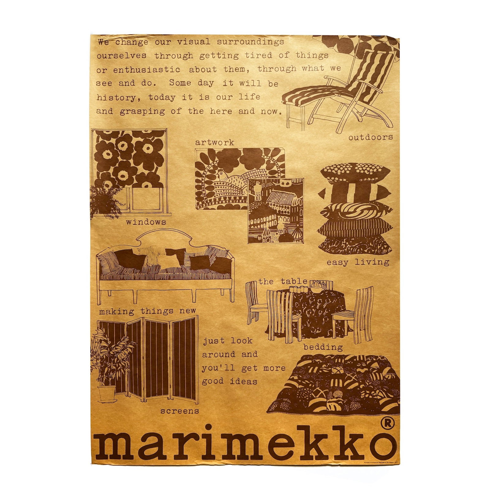 1977 Marimekko Promotional Poster: As part of Marimekko's ongoing efforts to promote the brand worldwide, this piece is from a line of posters sent to distributors, press, and agents focused on the company's designs. Because they