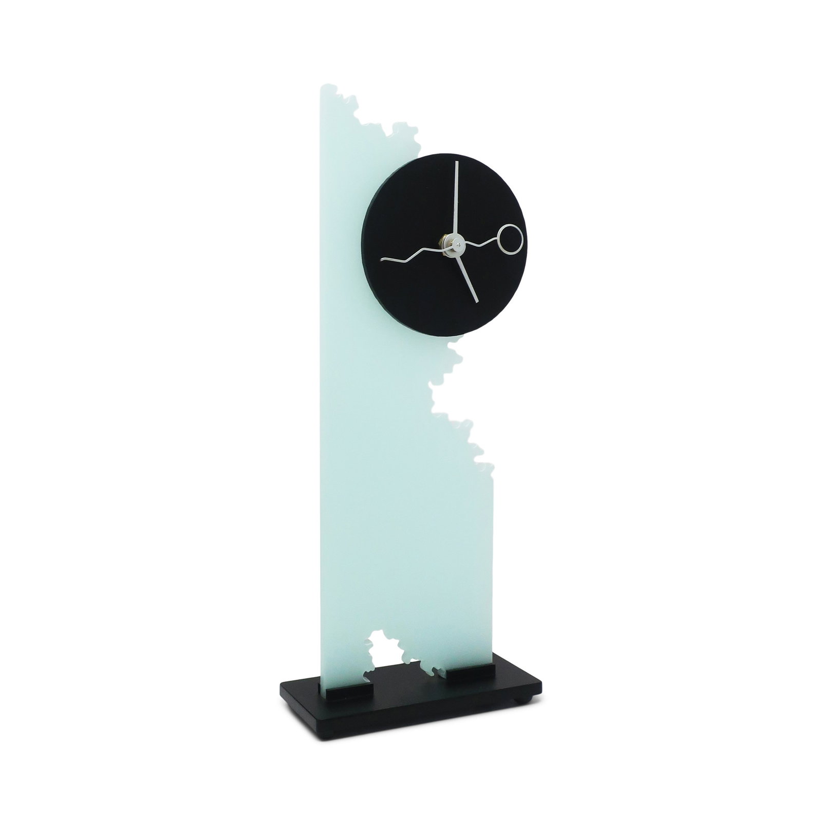 Vintage 1990s Postmodern Desk Clock by Brian Prothro for Zipadeedoodah Designs: A unique desk or mantle clock is a fantastic example of late 1980s or early 1990s postmodern design, created by Brian Prothro for Zipadeedoodah Designs. It features a striking combination of frosted l