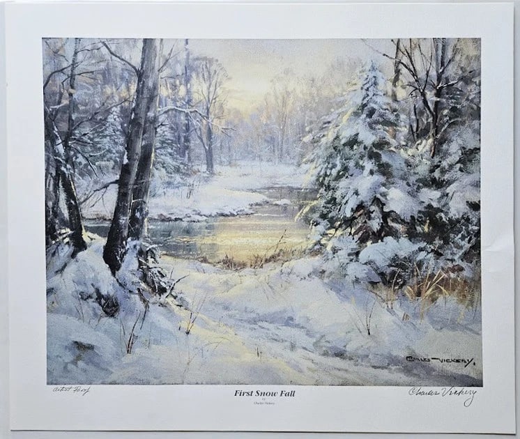 First Snow Fall print by Charles Vickery -- Artist Proof: A serene winter landscape by American painter Charles Vickery (1913-1998), known for his atmospheric renderings of the American countryside. This offset lithograph on heavy paper stock captures a