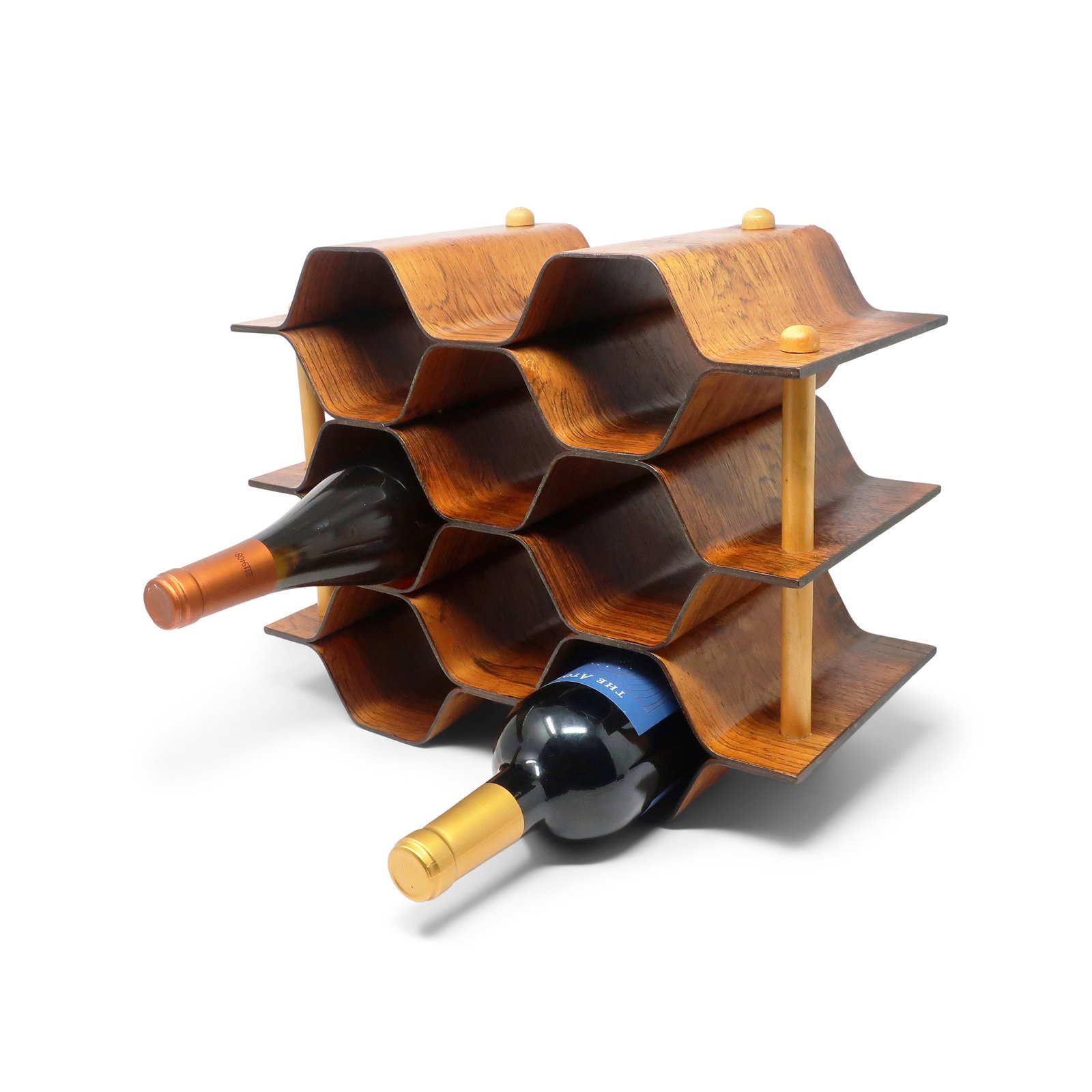 Rosewood & Beech Bentwood Wine Rack by Torsten Johansson for AB Formtra: A superbly crafted bent rosewood and beech wine rack designed by Torsten Johansson for AB Formtra of Sweden in the 1950s or 1960s. The eye-catching design is made of beautifully grained rosewood with