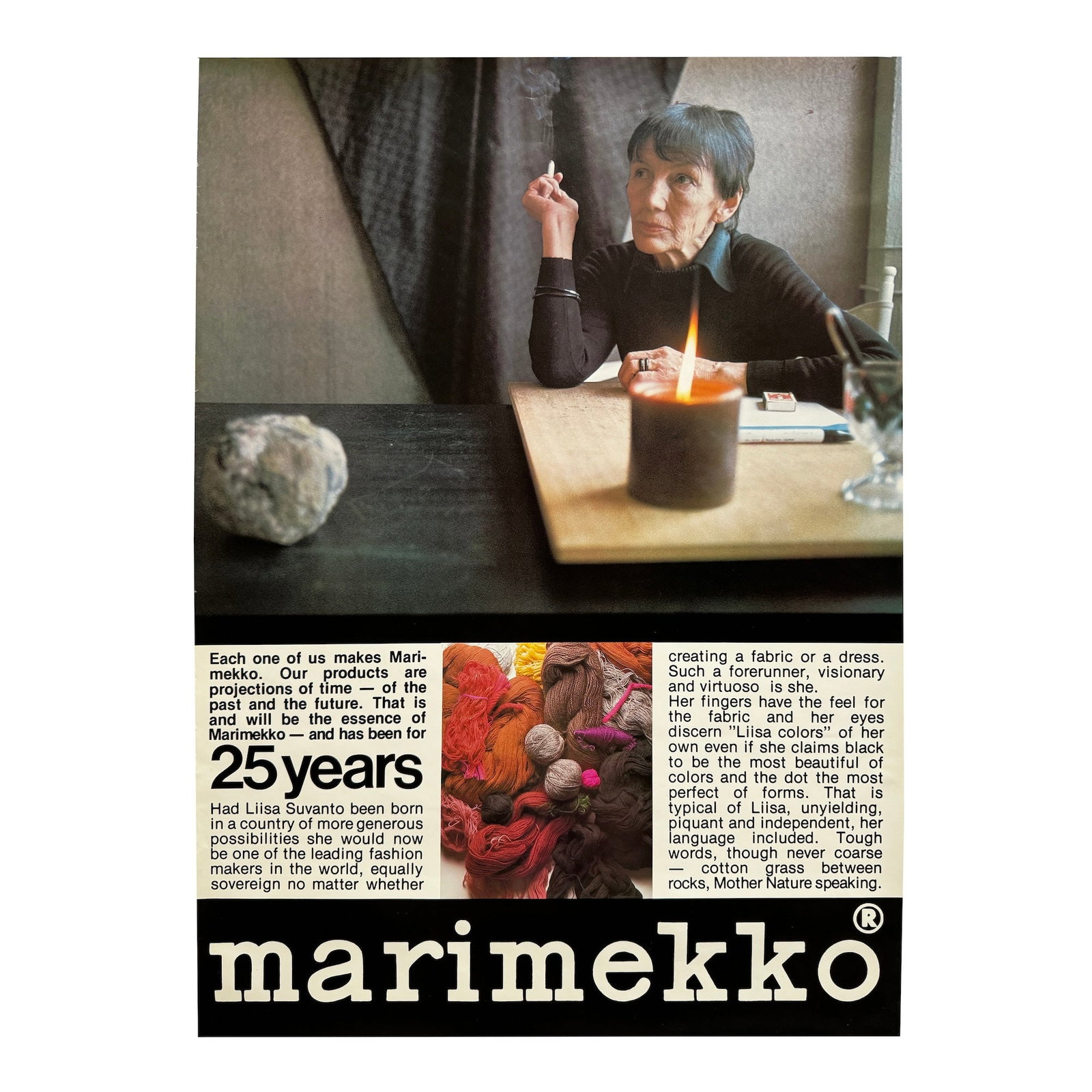 1970s 25th Anniversary Marimekko Poster with Liisa Suvanto: As part of Marimekko's ongoing efforts to promote the brand worldwide, this piece is from a line of posters sent to distributors, press, and agents to celebrate the 25th anniversary of Marimekko in