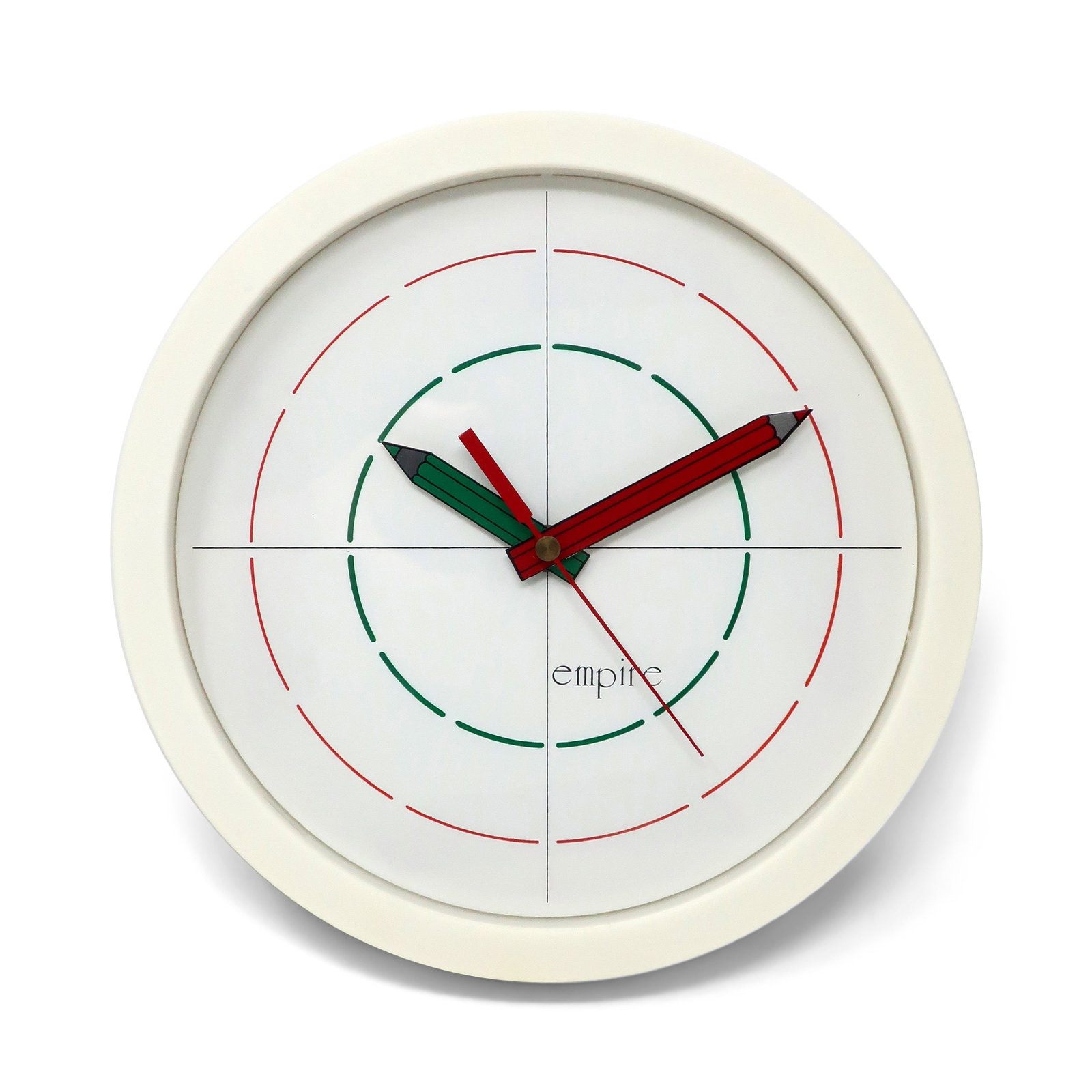 Postmodern Wall Clock by Empire: A round white 1980s wall clock by Empire. A white frame and white face with dashed red and green lines to show where the clock's numbers would appear. Hands in the shape of pencils are metal and