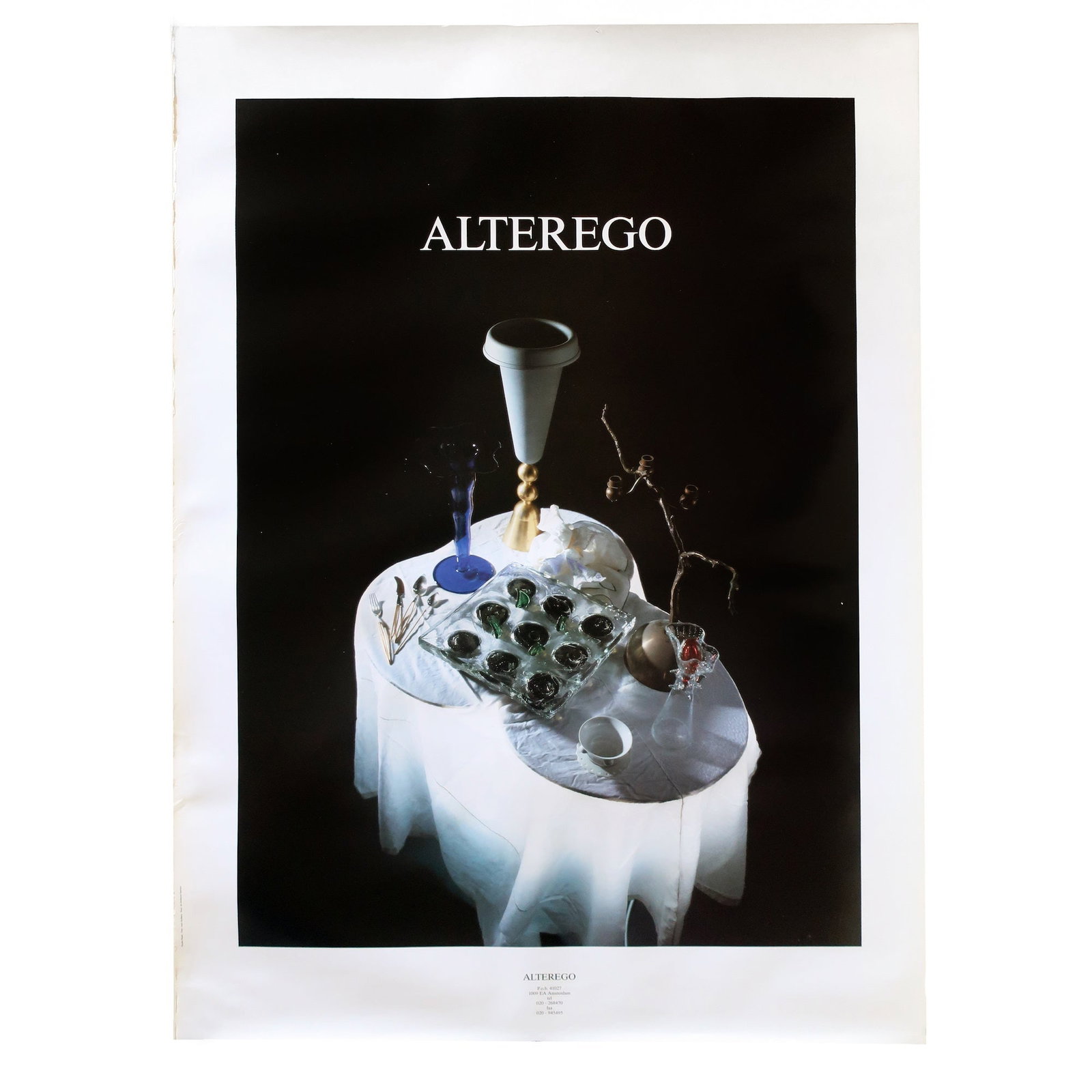 Borek Sipek for Alterego Promotional Poster: A promotional poster for Czech architect and designer Borek Sipek's work with his design studio Alterego producing works in glass in the 1980s and 1990s. Features a number of Sipek designed pieces on 