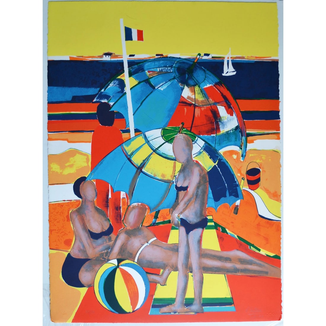 Limited Edition "Dimanche a La Plage" Lithograph by Rene Couturier: Dimanche a La Plage (Sunday at the Beach) is a limited edition lithograph, hand signed and dated 1977 by the artist. Numbered 52/75. The print depicts three figures on a beach with a colorful striped
