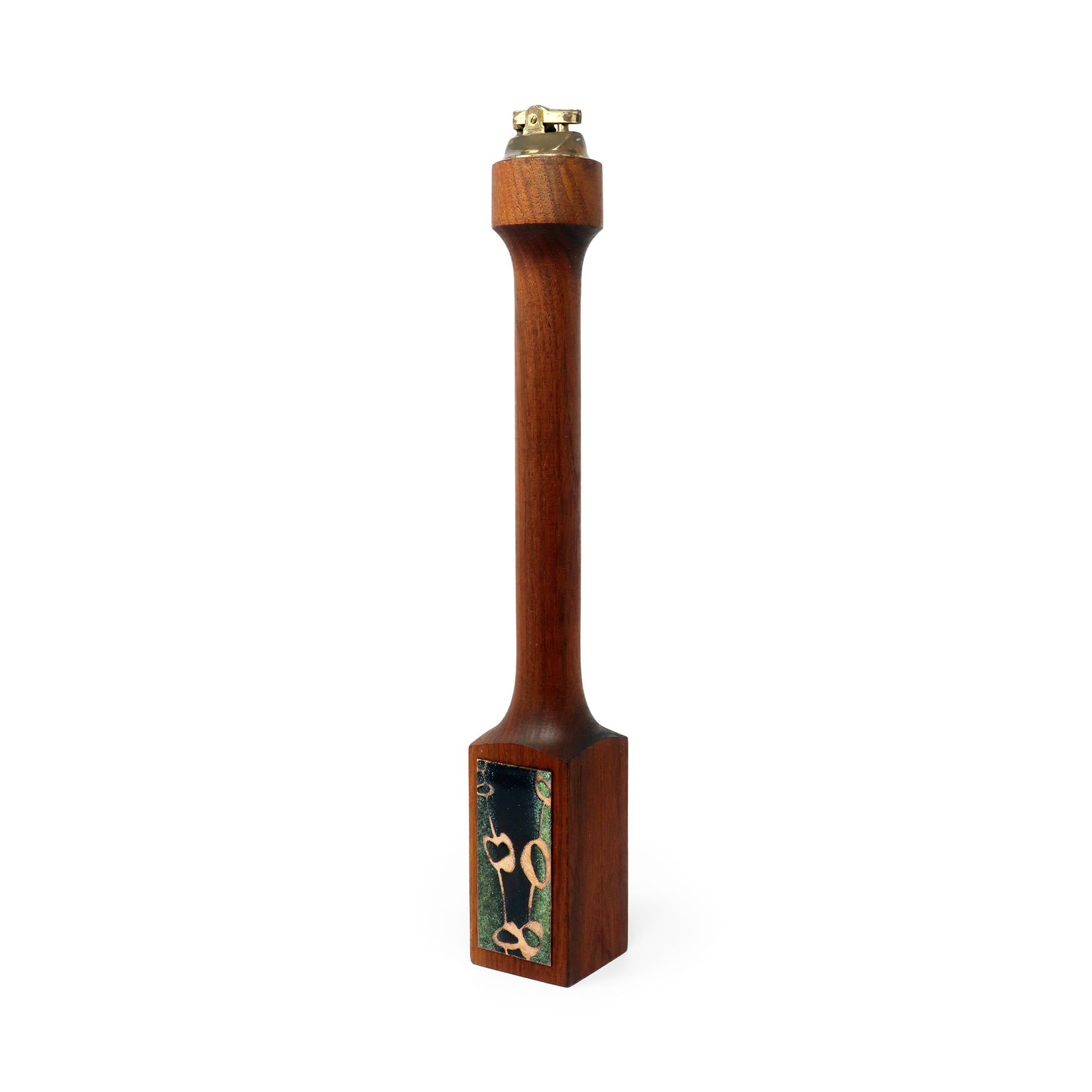 Mid-Century Modern Teak & Green Enameled Metal Table Lighter: A stunning sculptural mid-century or Scandinavian modern turned teak table lighter with green and black enameled accent on the base. Beautiful as both a decorative and functional piece. In very good v