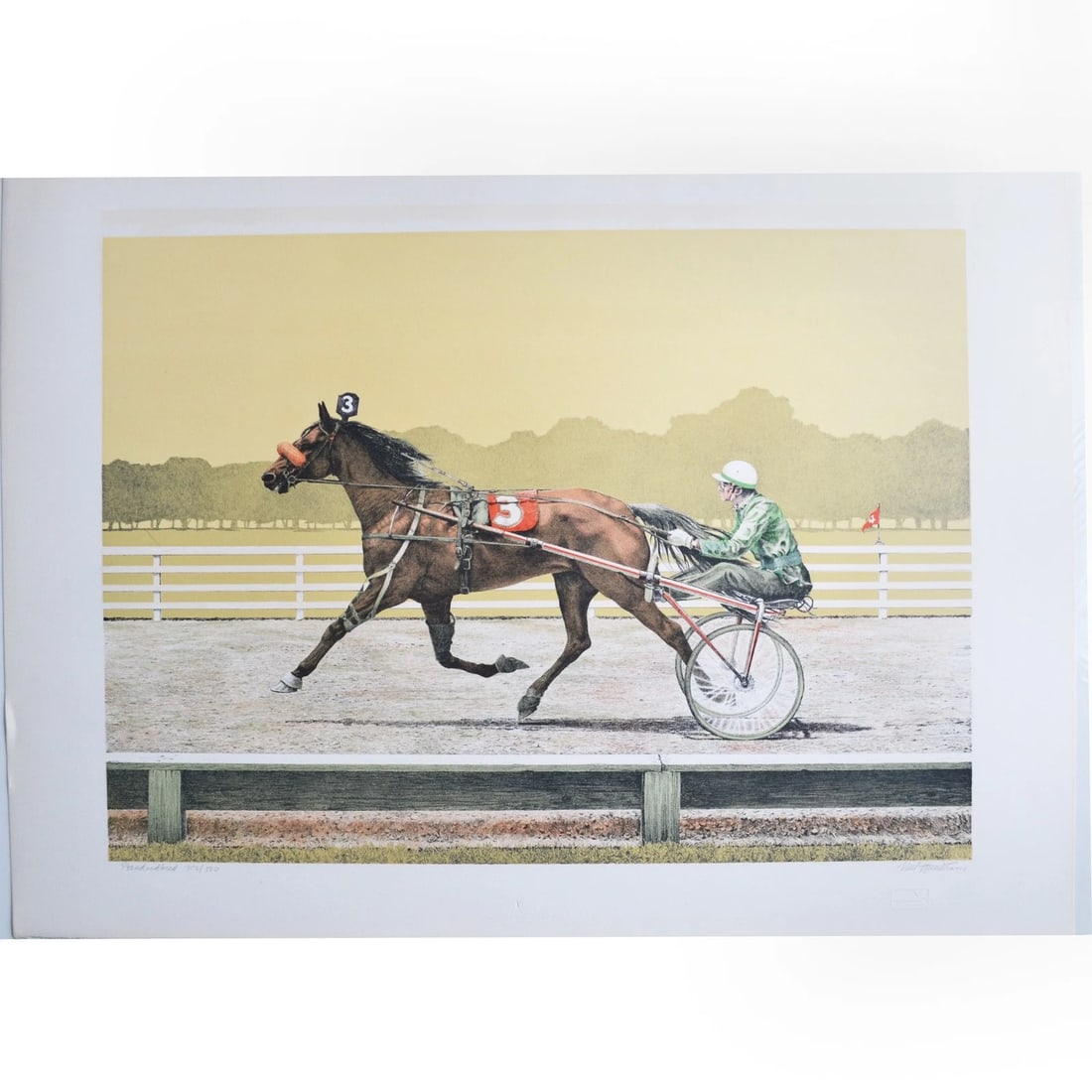 Limited Edition "Standardbred" Lithograph by Mel Hunter: Standardbred is a limited edition lithograph, hand signed and dated by the artist. The print depicts a horse and driver in mid-stride during a harness race, captured in warm sepia tones that evoke the