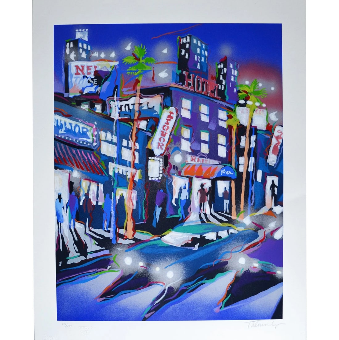 Limited Edition "Hollywood Hotel" Serigraph by James Talmadge: Hollywood Hotel is a limited edition serigraph on artist stock paper, hand signed and numbered 176/299 by the artist. This vibrant print captures the iconic Hollywood Hotel through a color-drenched