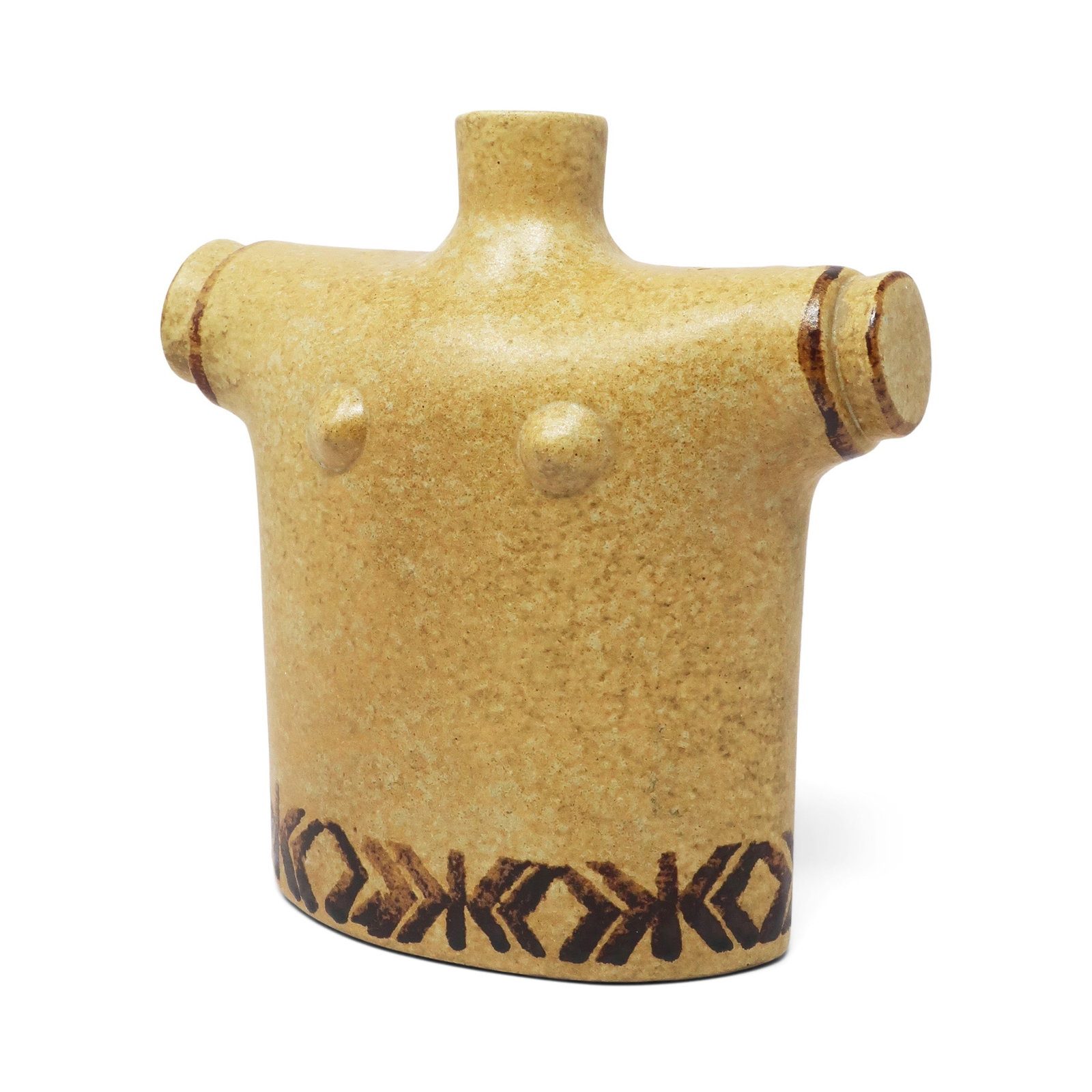 Mid-Century Modern Female Torso Pottery Vase: A fantastic pottery vase in the form of a female torso with a light tan textured glaze and dark brown decoration. Perfect as a decorative and it is glazed inside so can be used with flowers in water. 
