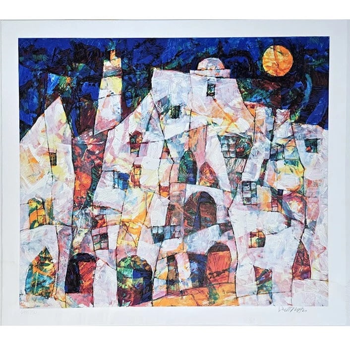 Limited Edition "Sunlit Village" Serigraph by Harry Guttman: Sunlit Village is a limited edition serigraph, hand signed and numbered 699/750 by the artist. This piece showcases Harry Guttman's signature approach to cityscapes through bold textures and vibrant h