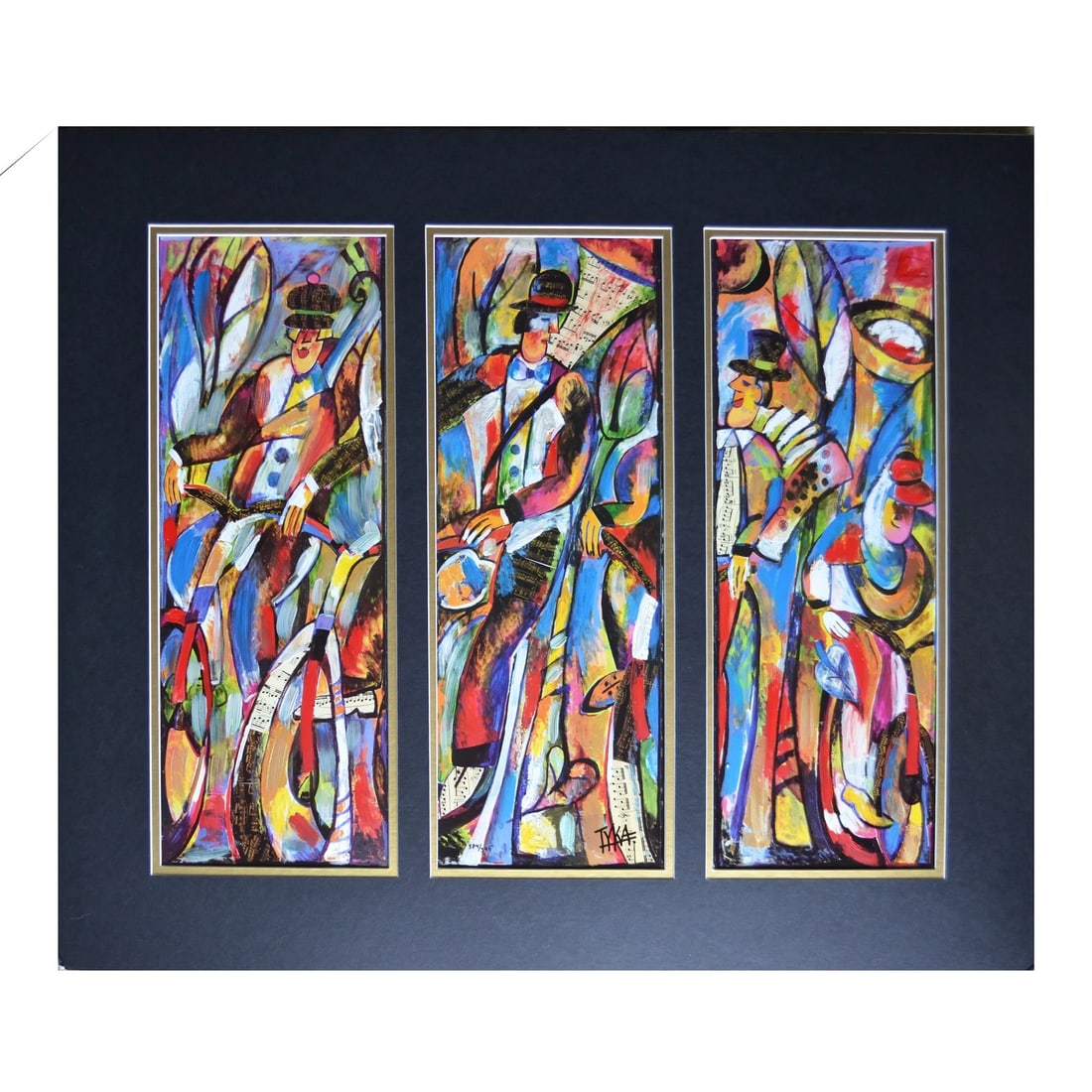 Limited Edition "Musical Journey" Triptych by Joanna Tyka: Musical Journey is a limited edition mixed media triptych on paper, hand signed and numbered 374/395 by the artist. The three-panel composition features vibrant abstract expressionist imagery incorpor