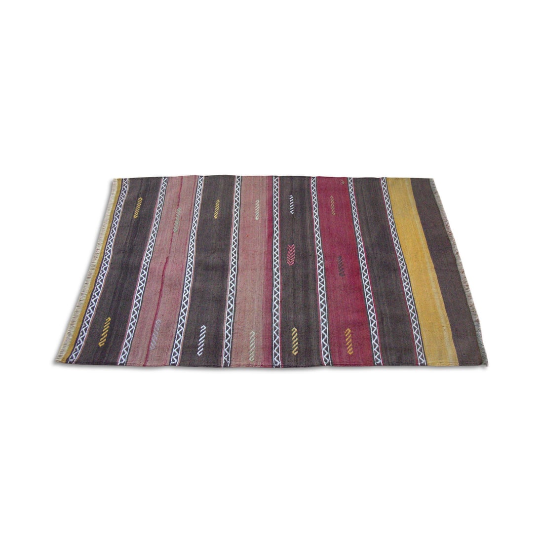 Vintage 1970s Handwoven Anatolian Turkish Kilim Rug: From one of the villages surrounding the city of Aksaray in Central Anatolia of Turkey, this Kilim rug was handwoven in the mid-20th century for use as a dowry piece. Smaller in size, these types of
