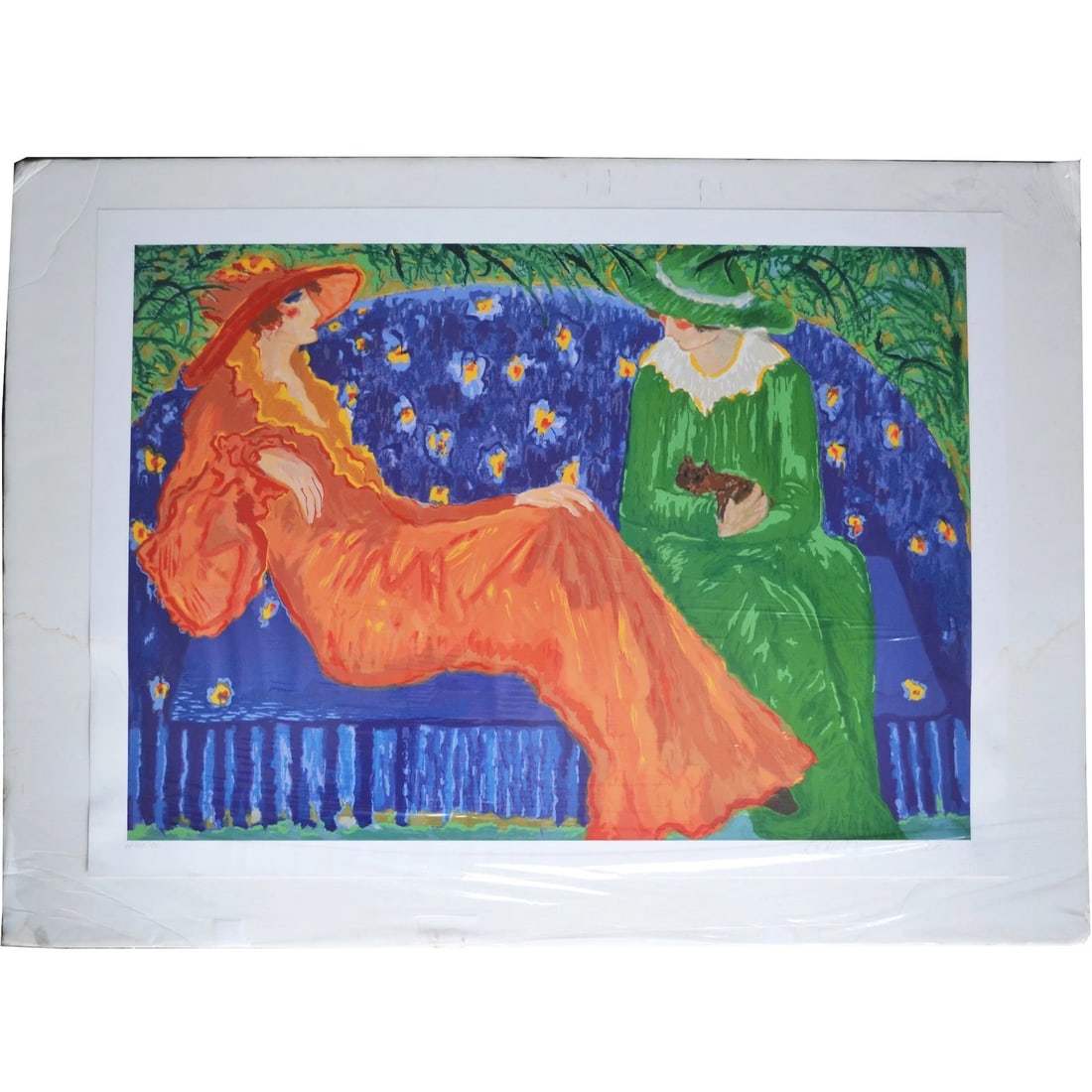 Limited Edition "Orange Dress" Seriolithograph by Barbara Wood: Orange Dress is a limited edition seriolithograph, hand signed in pencil by the artist. Artist's Proof, marked AP 170/180. The print depicts a woman in a flowing orange dress reclining on a blue