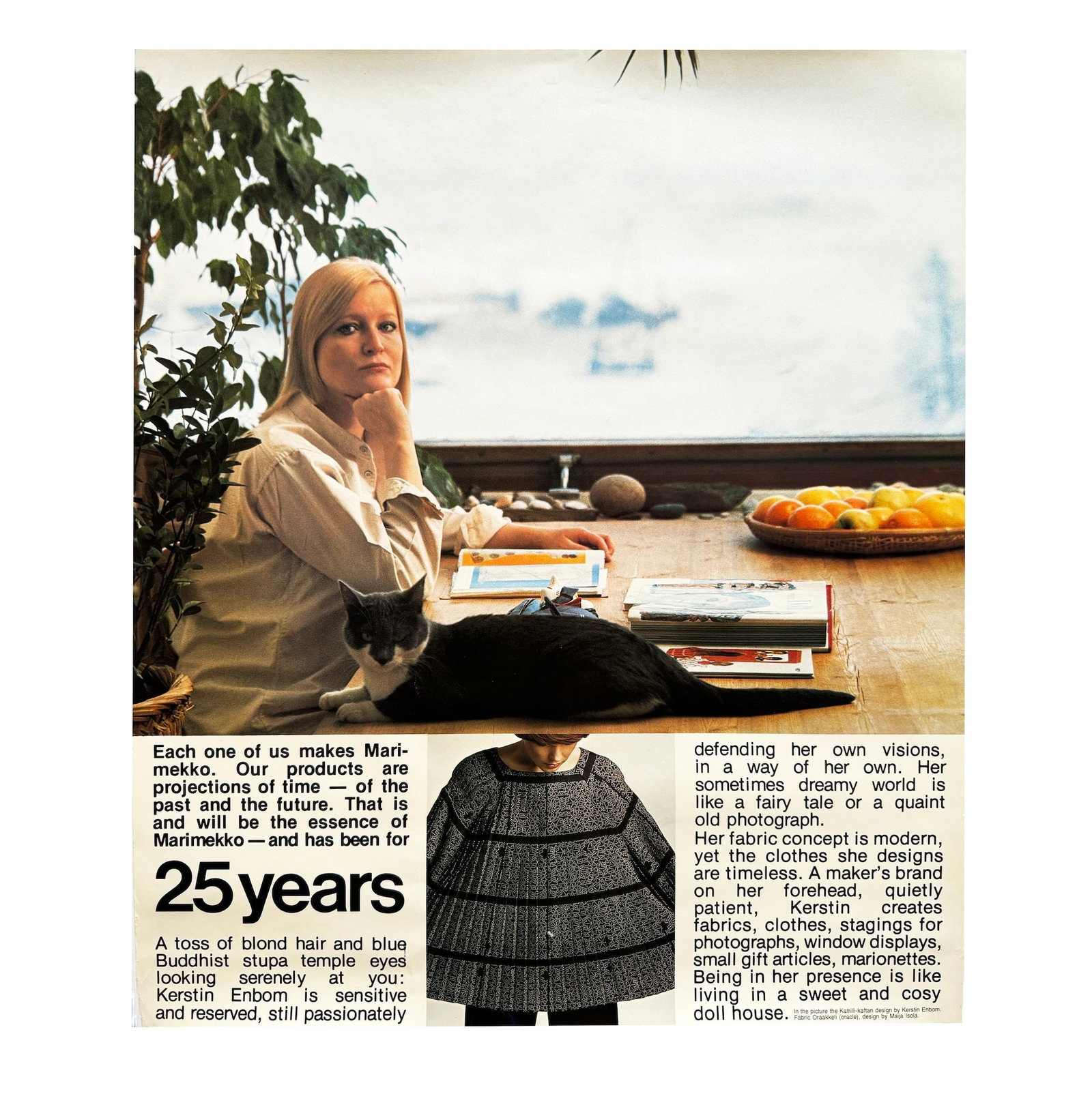 1970s 25th Anniversary Marimekko Poster with Kerstin Enbom: As part of Marimekko's ongoing efforts to promote the brand worldwide, this piece is from a line of posters sent to distributors, press, and agents to celebrate the 25th anniversary of Marimekko in