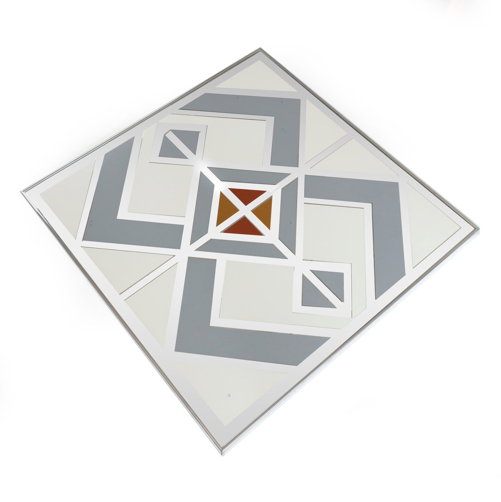 1970s Vintage Op Art Painted Mirror: In the style of Jim Rosloff 's work for Academy Arts and Turner Wall Accessories, this monumental mid-century modern mirror has a hand silk-screened white, grey, brown, and orange geometric design pai