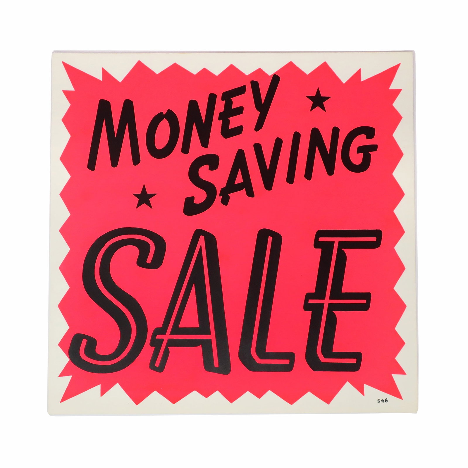 1960s Screen Printed "Money Saving Sale" Trade Sign: A charming screen-printed trade sign in the style of hand-painted grocery store advertising/trade signs. Reads "Money Saving SALE" in black and day-glow pink on white paper. In very good, unused condi