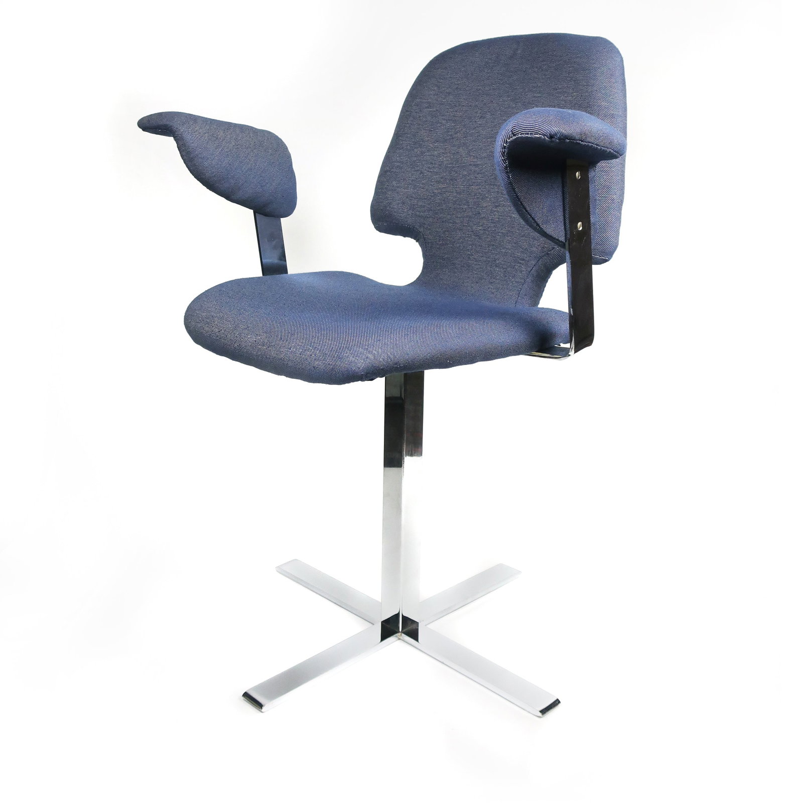 Modernist Chrome Winged Side Chair: A modernist chrome side chair with wing-like arm rests. Striking enough to be a focal point of a room and extremely comfortable. Reupholstered with brand new foam and blue denim fabric. No maker's