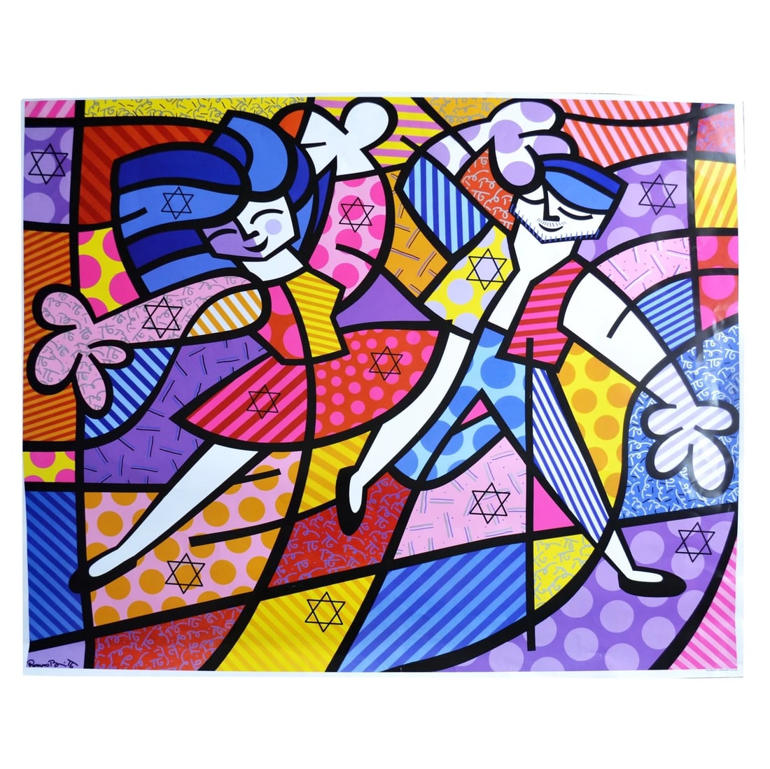 Fun Passion Print by Romero Britto: Fun Passion is a print depicting a jubilant dancing couple in Romero Britto's unmistakable pop art style. The composition features bold primary colors, graphic patterns including stripes, dots, and