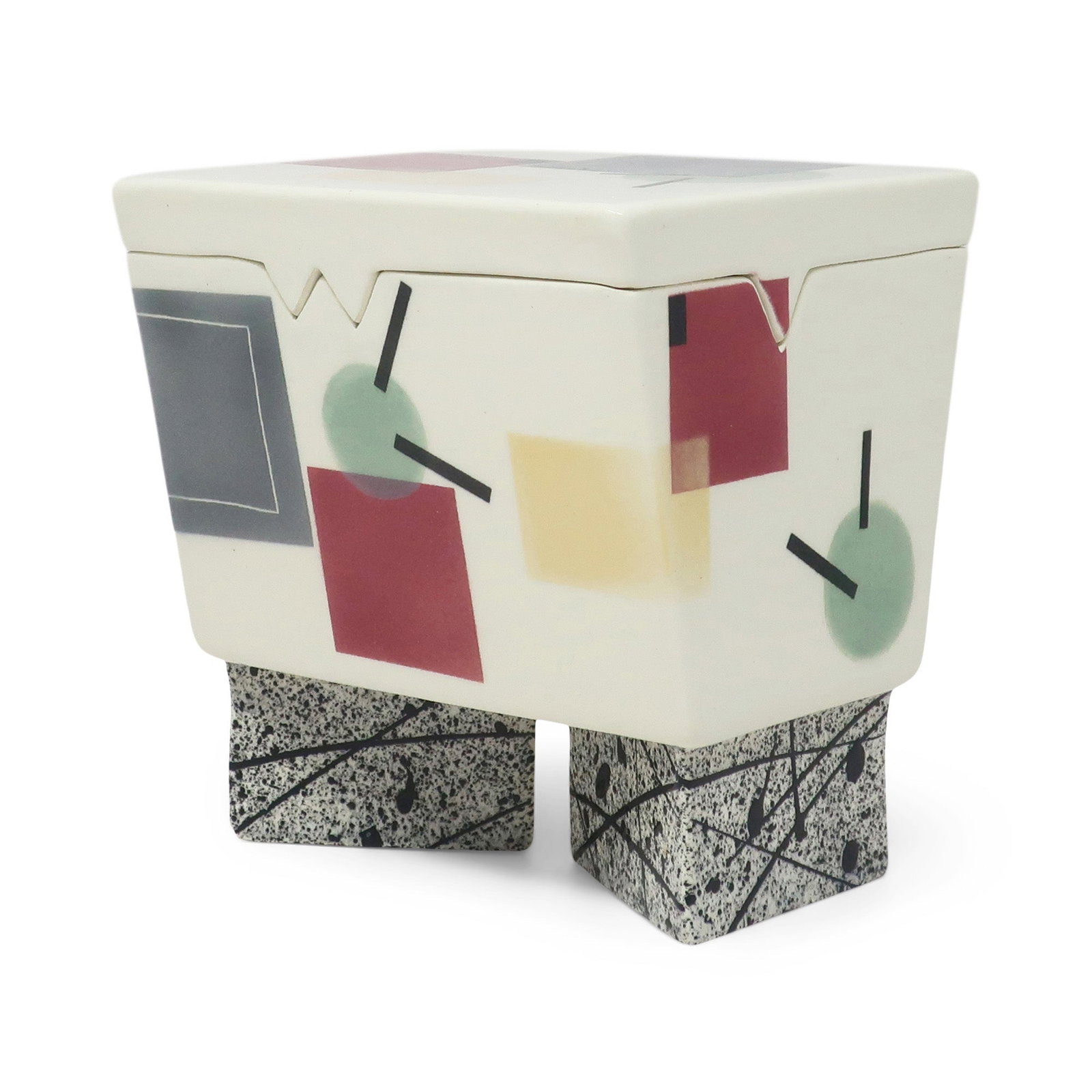 Postmodern Ceramic Box by Rita Duvall (1987): A beautiful handmade Postmodern ceramic trinket or jewelry box by Rita Duvall, similar in style to the work of Peter Shire and Michael Duvall. Glazed in white and rectangular in shape with perfectly