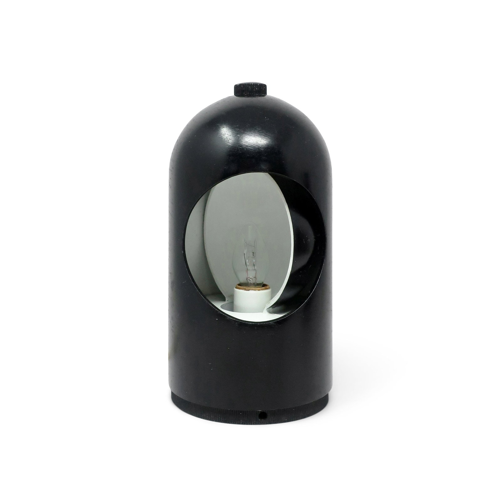1970s Black Interplay 1 Table Lamp by Lightolier: Class up your space with a touch of Italian Modern/Mid-Century Modern style with this 1970s Lightolier "Interplay 1" table lamp. This lamp features a distinctive domed shade, contrasted by a round bla
