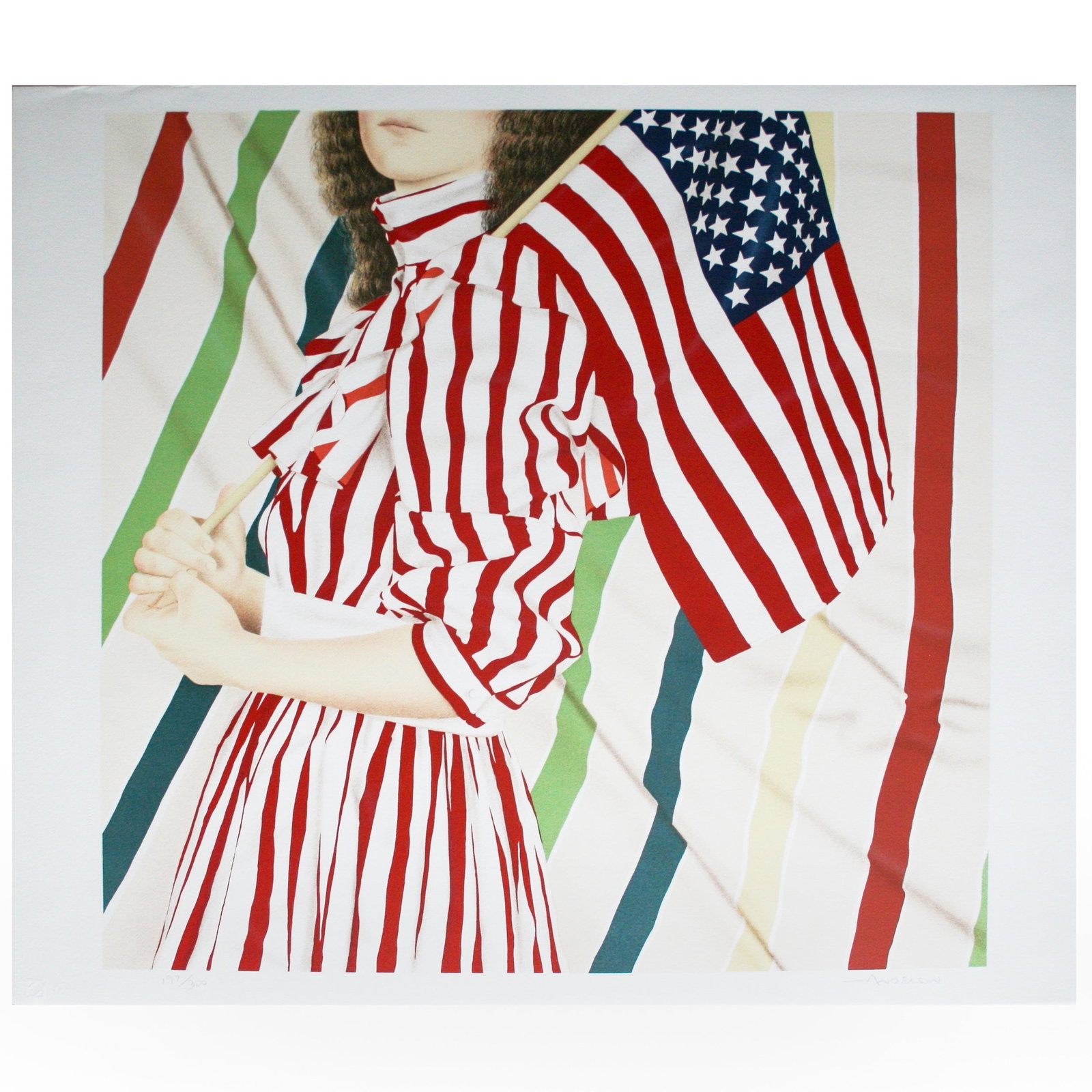 Limited Edition "Stars and Stripes" Lithograph by Robert Anderson: Stars and Stripes is a limited edition lithograph, hand signed and numbered 197/300 by the artist. Circa 1977. This striking print depicts fragmented and layered American flags in a surrealist composi