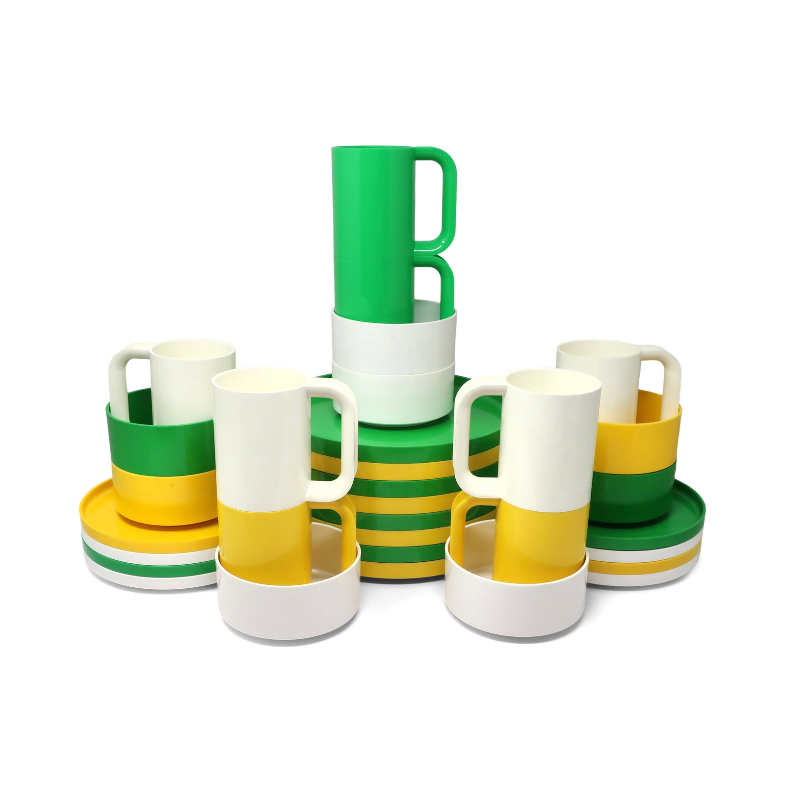 Green, Yellow and White Dinnerware by Vignelli for Heller - Set of 32: Winner of the prestigious Compasso d'Oro award for Good Design in 1964, Massimo Vignelli's iconic dinnerware for Heller (likely designed with his equally talented wife Lella) has been in near constant