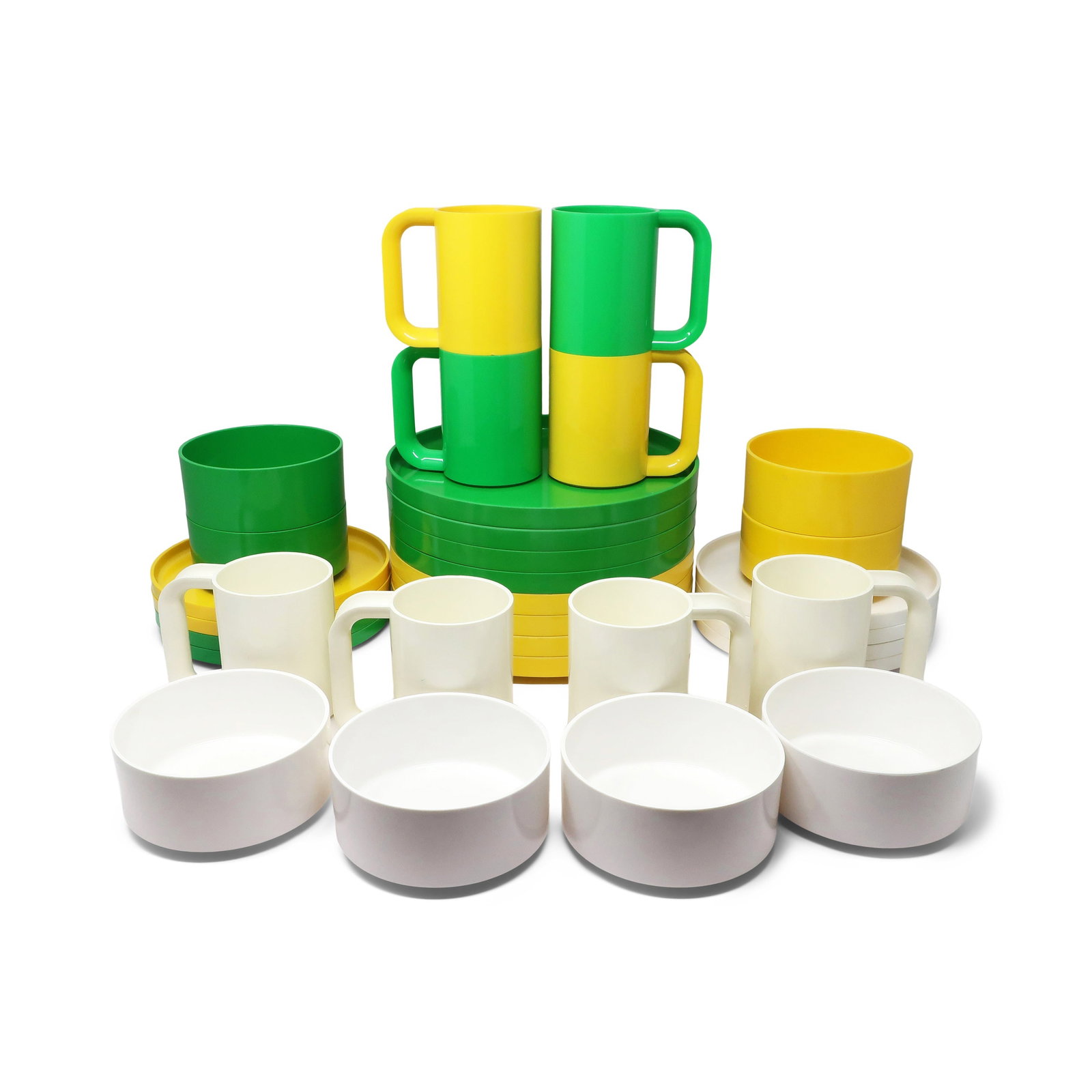 Green, Yellow and White Dinnerware by Vignelli for Heller - Set of 32 - 2