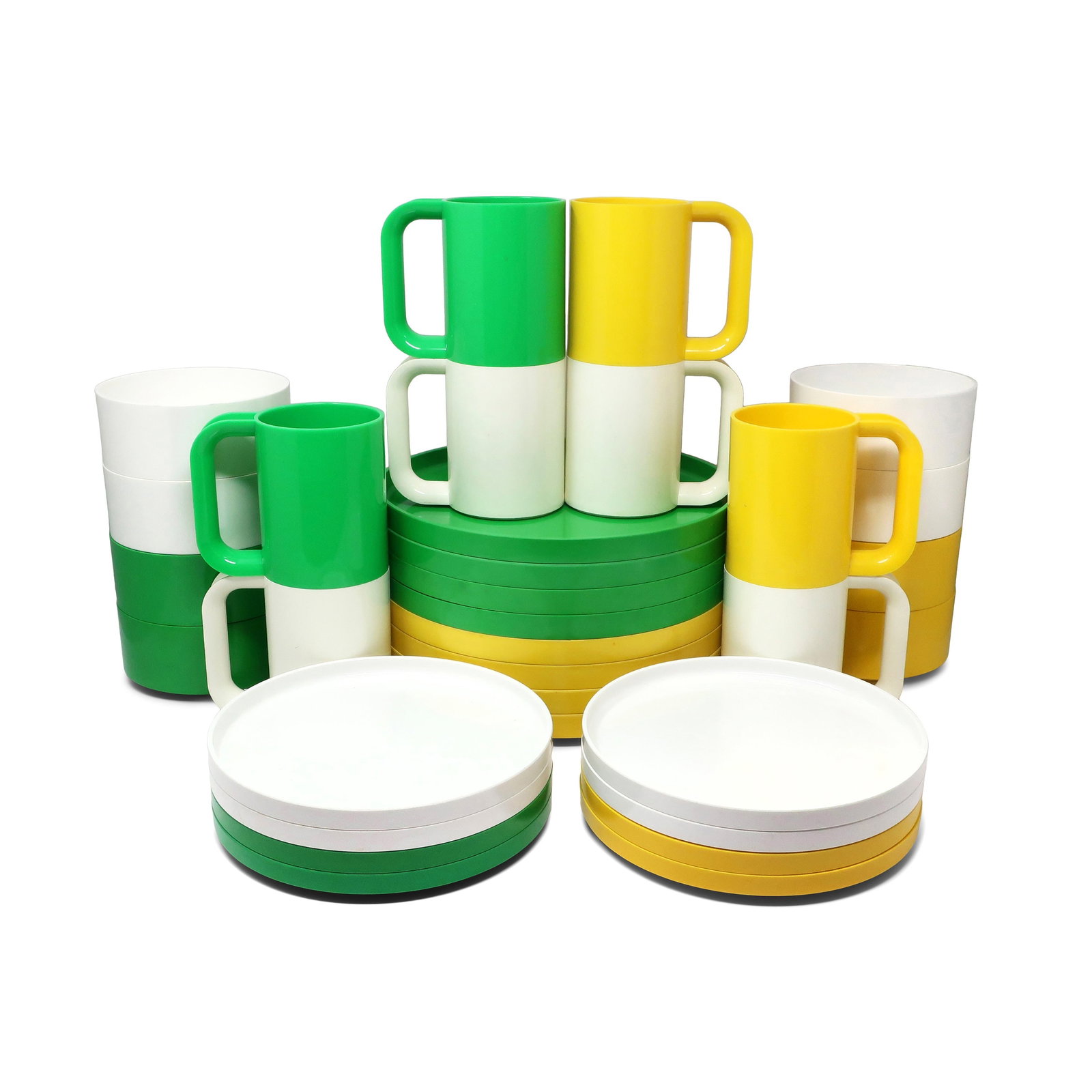 Green, Yellow and White Dinnerware by Vignelli for Heller - Set of 32 - 6