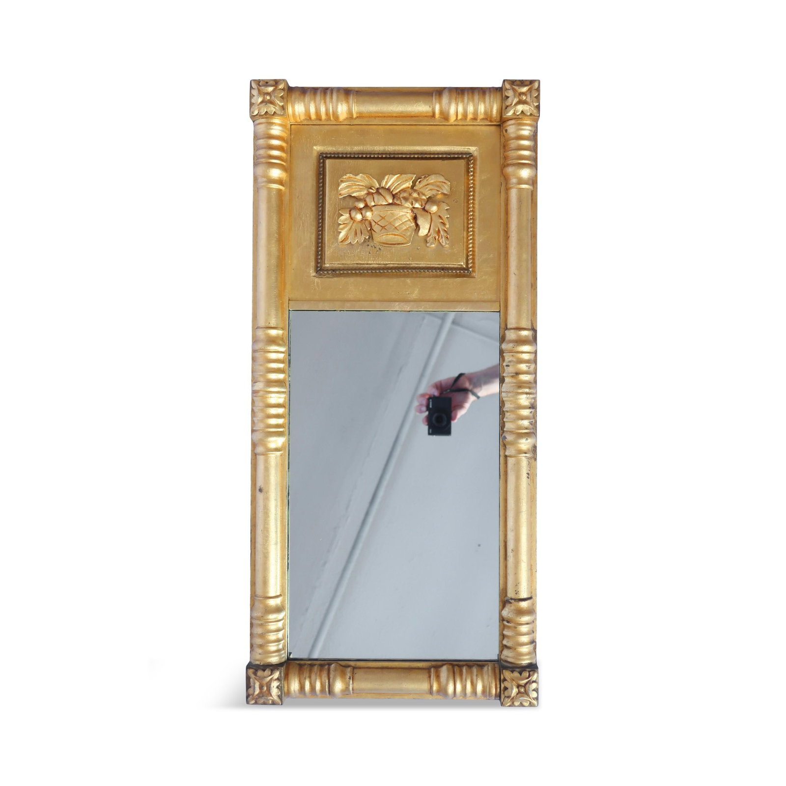 19th Century Giltwood Mirror with Rosette Corners and Fruit Panel: 19th Century Giltwood Mirror with Rosette Corners and Fruit Panel Reserve: $250.00 Shipping: Domestic: Flat-rate of $60.00 to anywhere within the contiguous U.S. International: Foreign shipping rates 