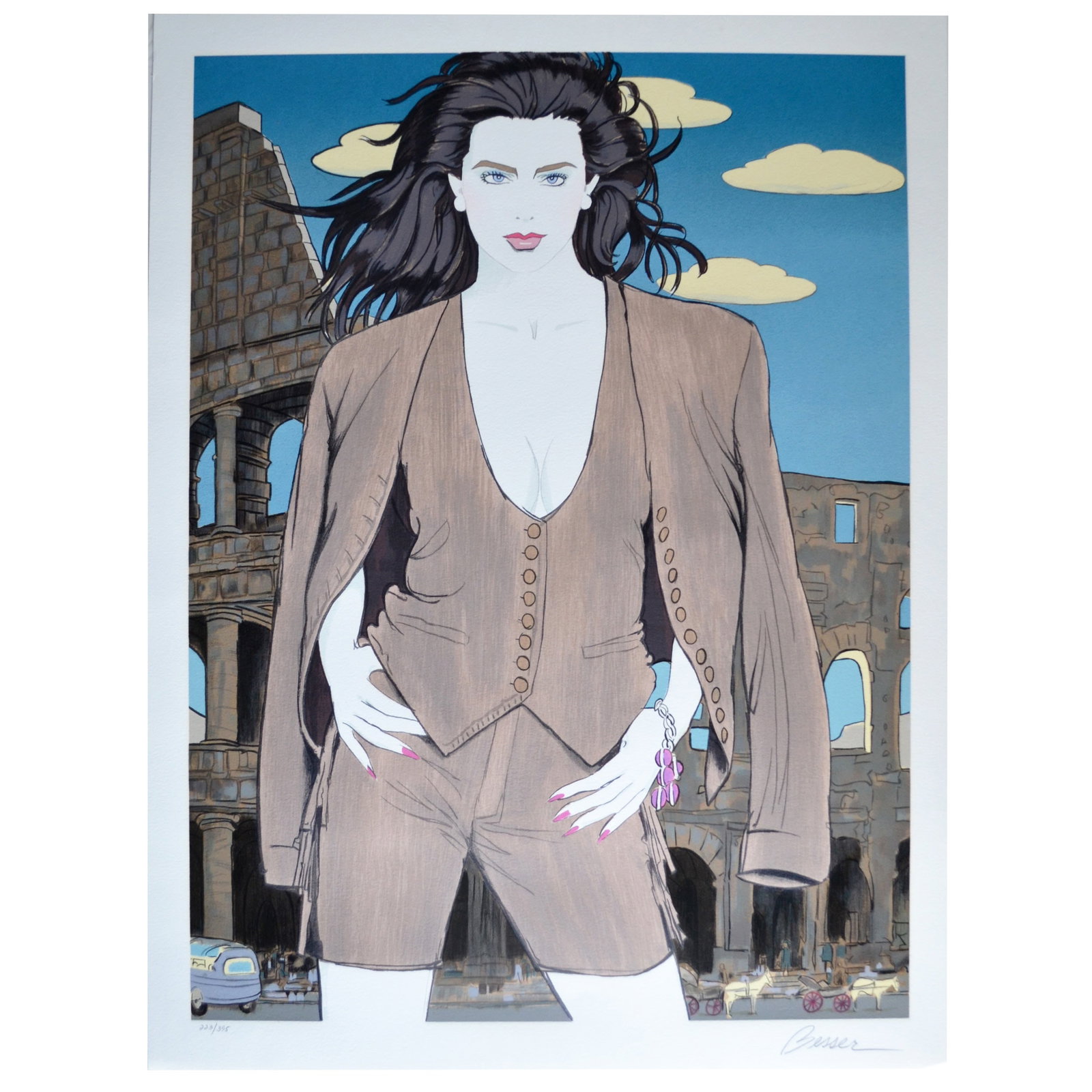 Limited Edition "Rome" Serigraph by Roy Besser: Rome is a limited edition serigraph, hand signed in pencil and numbered 223/395 by the artist. The print features a dark-haired woman in a tailored brown suit standing confidently before the Colosseum