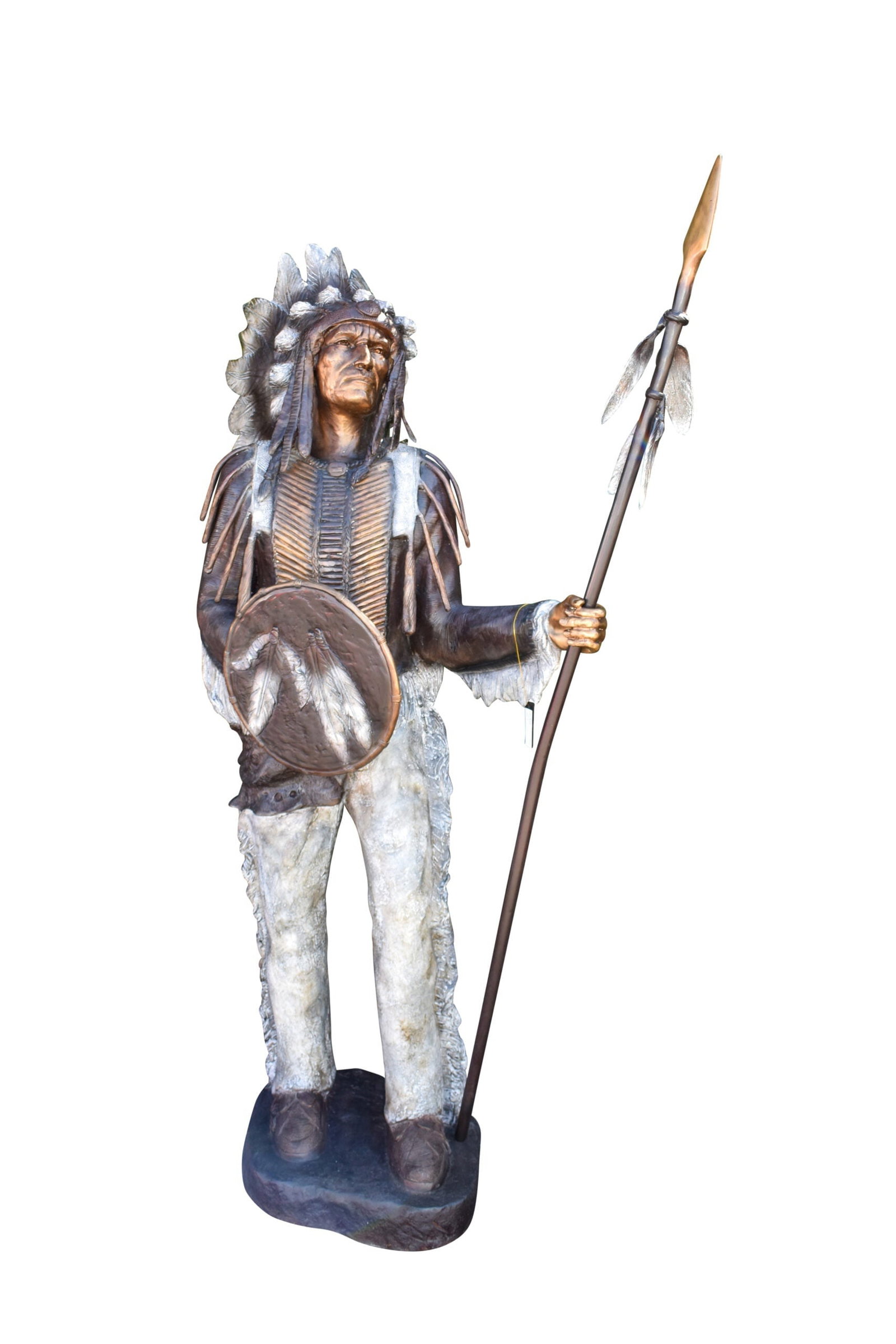 Indian Chief Green and Brown Patina Detailed Bronze Statue 42" x 24" x 74"H: Title:Indian Chief Green and Brown Patina Detailed Bronze Statue 42" x 24" x 74"H Description:This charming Life size bronze statue depicts Native American Chief standing and holding his shield and sp