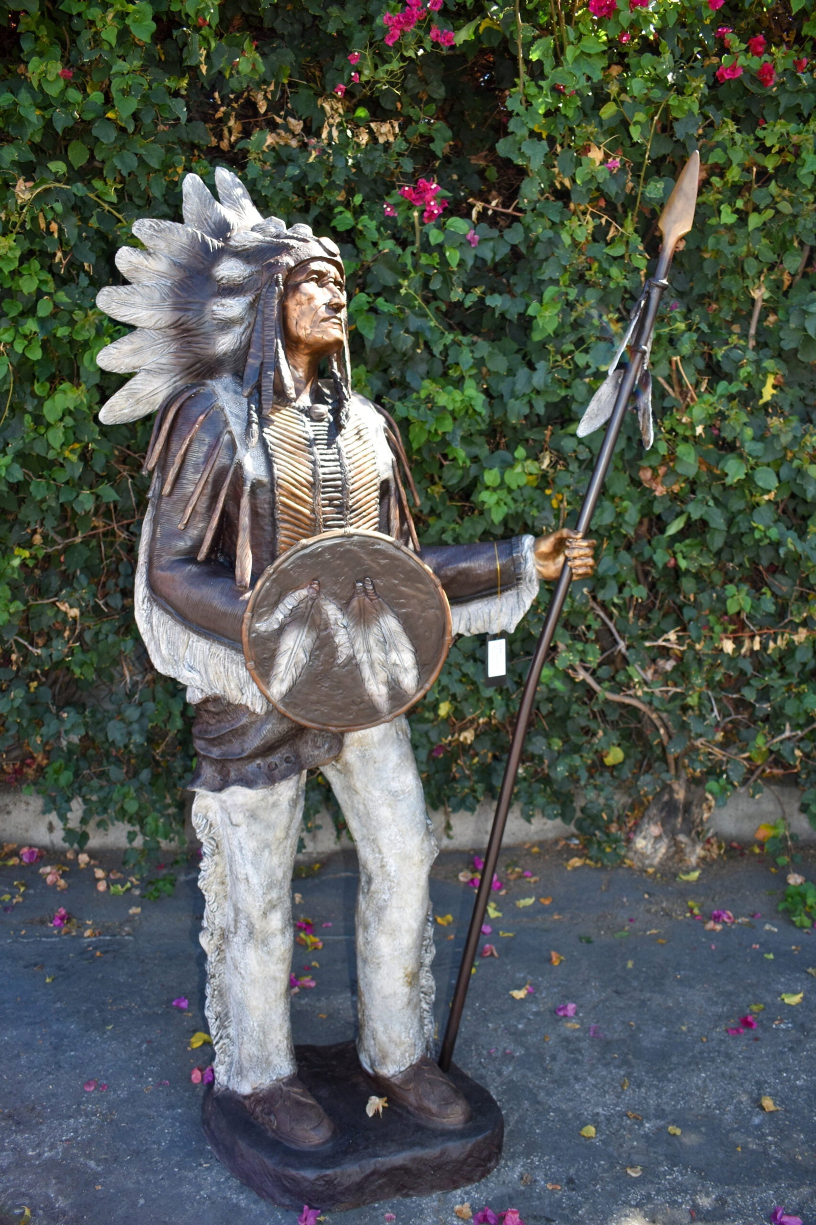 Indian Chief Green and Brown Patina Detailed Bronze Statue 42" x 24" x 74"H - 2