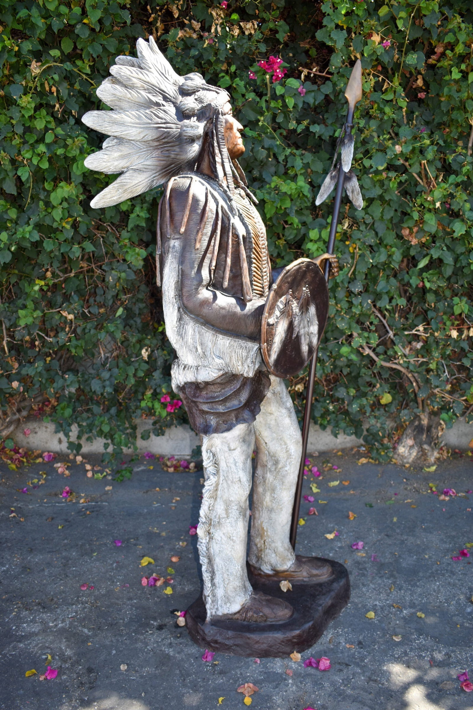 Indian Chief Green and Brown Patina Detailed Bronze Statue 42" x 24" x 74"H - 3