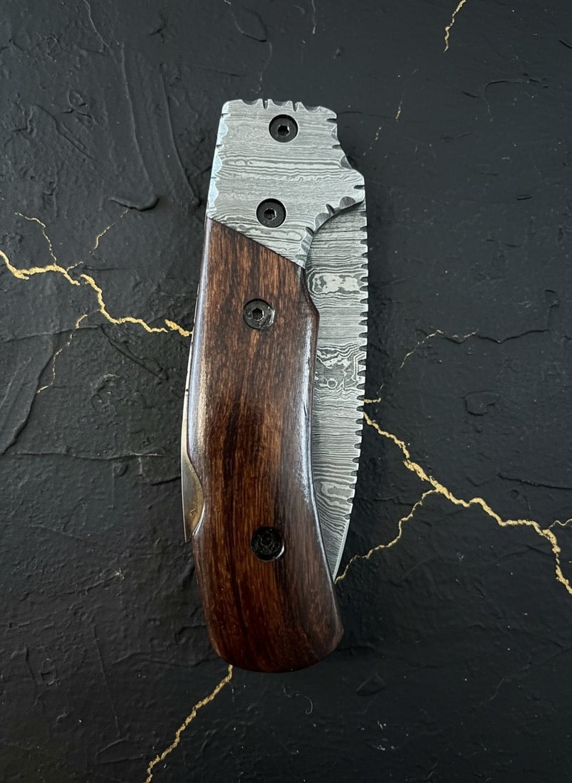 Handmade Damascus Steel Folding Pocket Knife With Wooden Handle & Sheath - 3