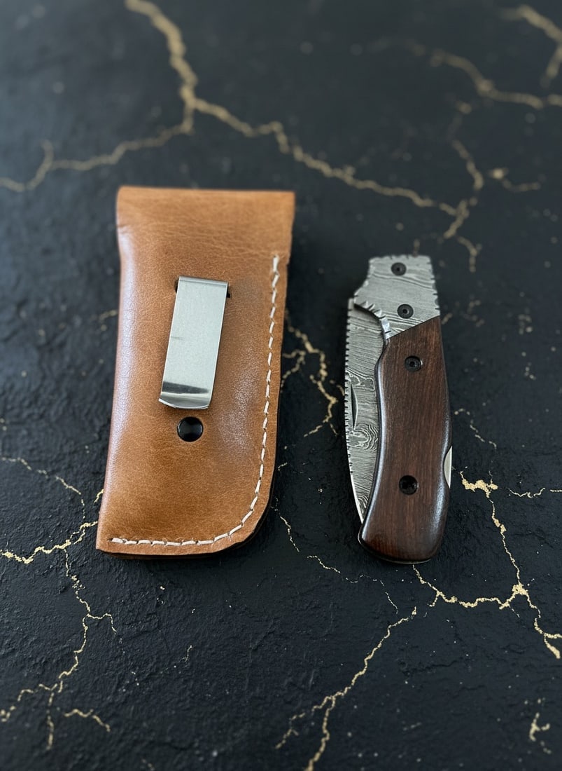 Handmade Damascus Steel Folding Pocket Knife With Wooden Handle & Sheath - 4